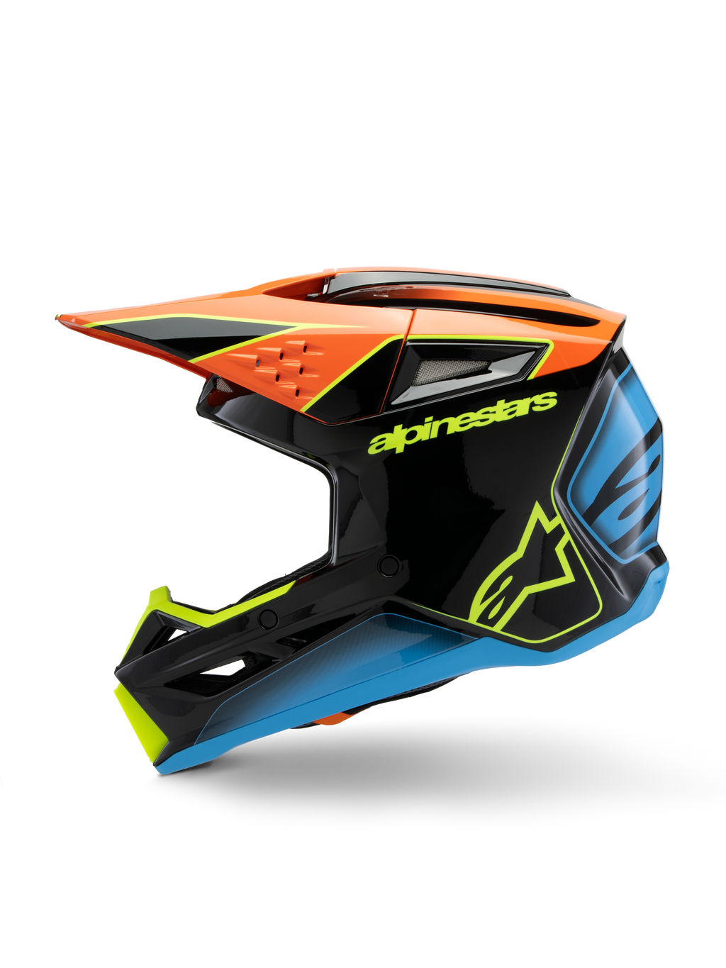 Alpinestars S-M3 Youth Fray Helm, Motocross-Helm, Schwarz mit orangefarbenen, gelben und blauen Akzenten, Seitenprofilansicht, mit markantem Alpinestars-Branding, aggressives Styling mit großem Visier und Belüftungsöffnungen, hochglänzende Schutzausrüstung für junge Offroad-Fahrer