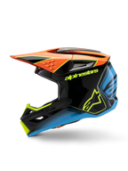 Alpinestars S-M3 Youth Fray Helm, Motocross-Helm, Schwarz mit orangefarbenen, gelben und blauen Akzenten, Seitenprofilansicht, mit markantem Alpinestars-Branding, aggressives Styling mit großem Visier und Belüftungsöffnungen, hochglänzende Schutzausrüstung für junge Offroad-Fahrer