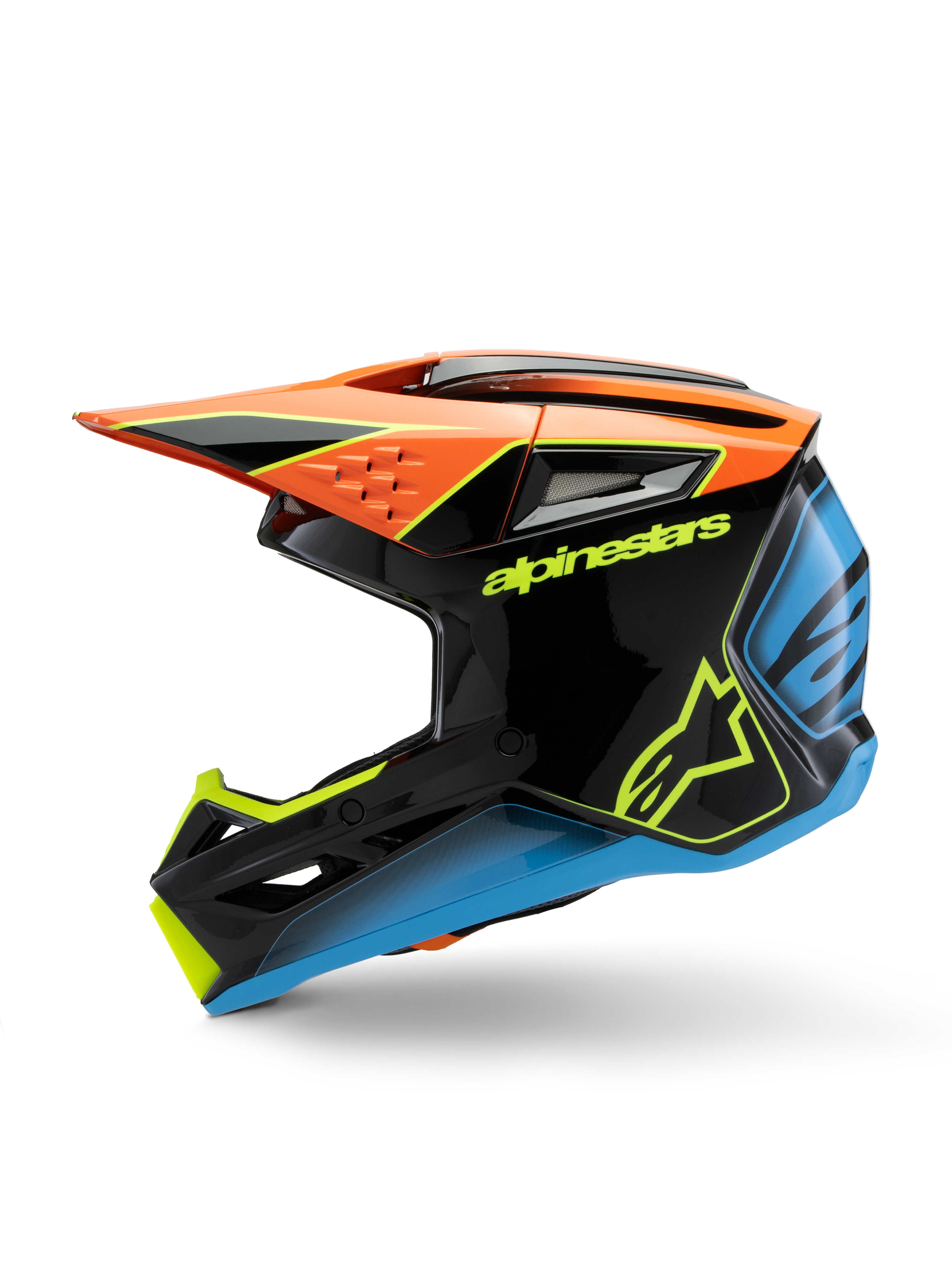 Alpinestars S-M3 Youth Fray Helm, Motocross-Helm, Schwarz mit orangefarbenen, gelben und blauen Akzenten, Seitenprofilansicht, mit markantem Alpinestars-Branding, aggressives Styling mit großem Visier und Belüftungsöffnungen, hochglänzende Schutzausrüstung für junge Offroad-Fahrer