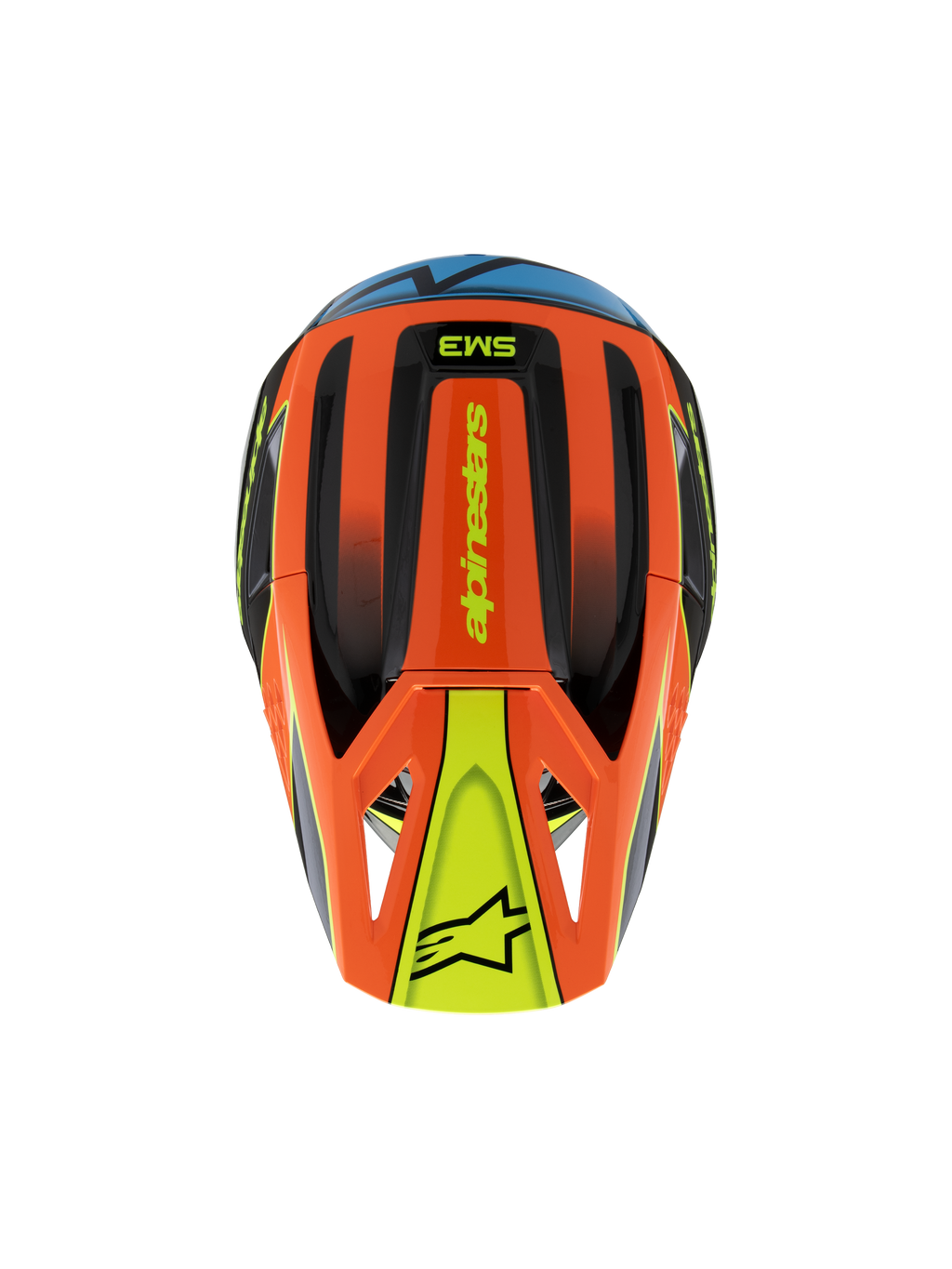 Alpinestars S-M3 Youth Fray Helm, Draufsicht, Orange, Schwarz und Gelb mit blauen Akzenten, mit Alpinestars-Branding und Stern-Logo auf dem Visier, schlankes aerodynamisches Design für Jugend-Motocross und Offroad-Sport