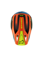 Alpinestars S-M3 Youth Fray Helm, Draufsicht, Orange, Schwarz und Gelb mit blauen Akzenten, mit Alpinestars-Branding und Stern-Logo auf dem Visier, schlankes aerodynamisches Design für Jugend-Motocross und Offroad-Sport