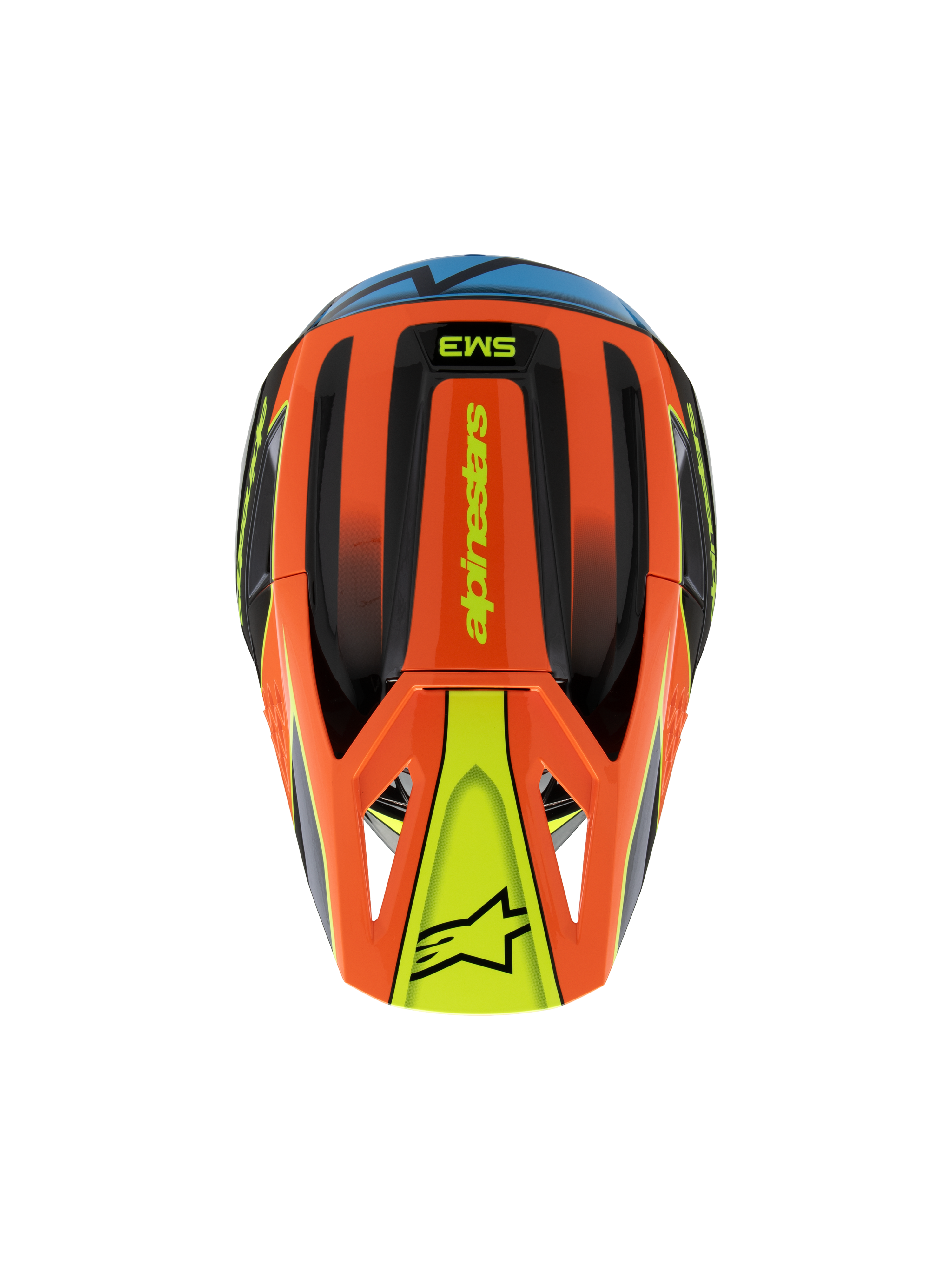 Alpinestars S-M3 Youth Fray Helm, Draufsicht, Orange, Schwarz und Gelb mit blauen Akzenten, mit Alpinestars-Branding und Stern-Logo auf dem Visier, schlankes aerodynamisches Design für Jugend-Motocross und Offroad-Sport