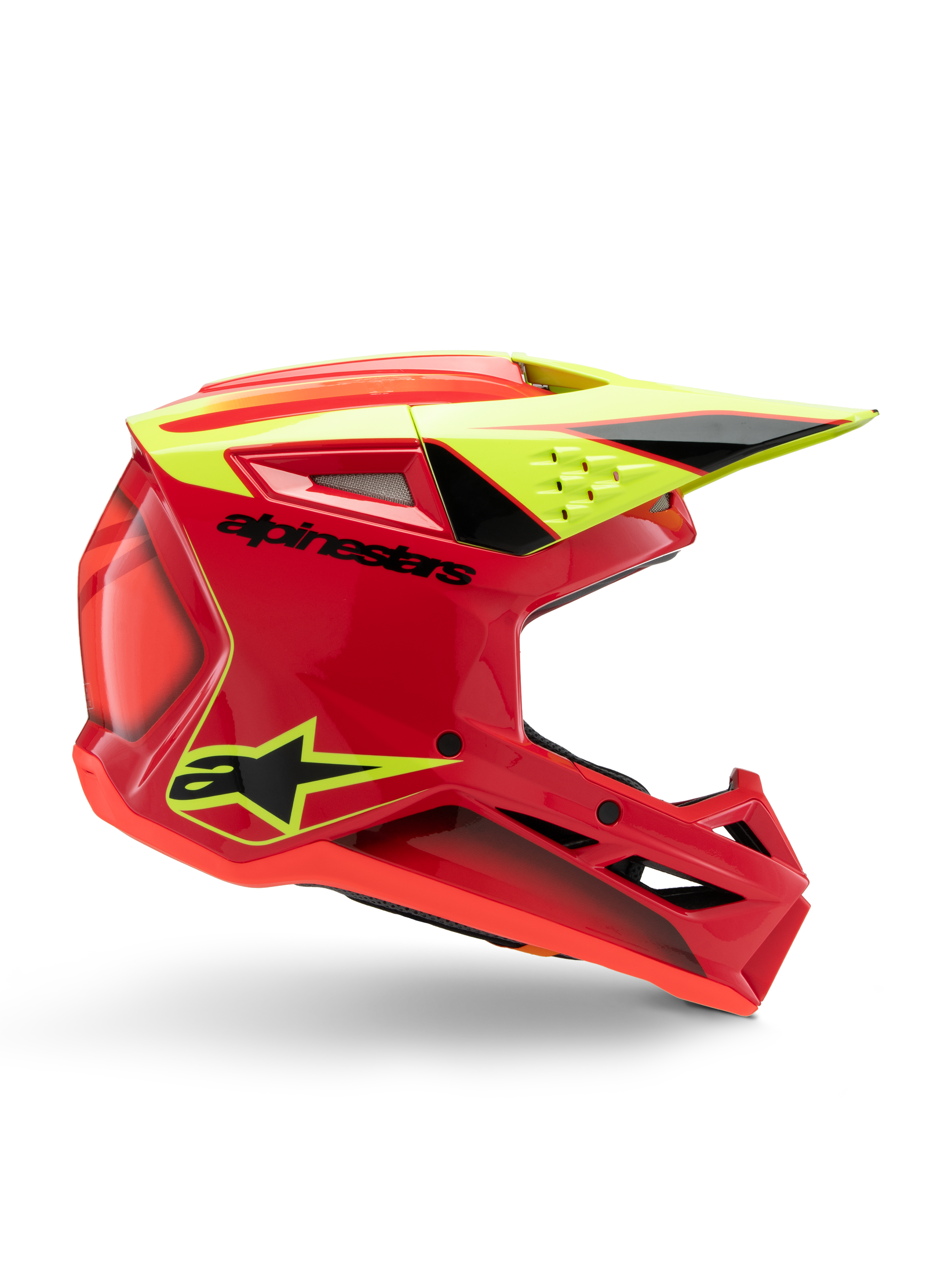 Alpinestars S-M3 Youth Fray Helm, Motocross-Helm, Rot, Gelb Fluo und Schwarz Glänzend, Seitenprofil mit aerodynamischem Design, integriertes Visier und markante Belüftungsöffnungen, schwarzes Branding auf roter Helmschale, optimiert für Offroad-Performance für Jugendliche
