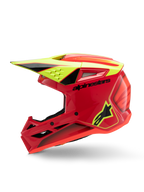 Alpinestars S-M3 Youth Fray Helm, Motocross-Helm, Rot, Gelb Fluo und Schwarz Glänzend, Profilansicht mit aerodynamischem Visier, Belüftungsöffnungen und markantem Branding, Jugend-Offroad-Schutzausrüstung