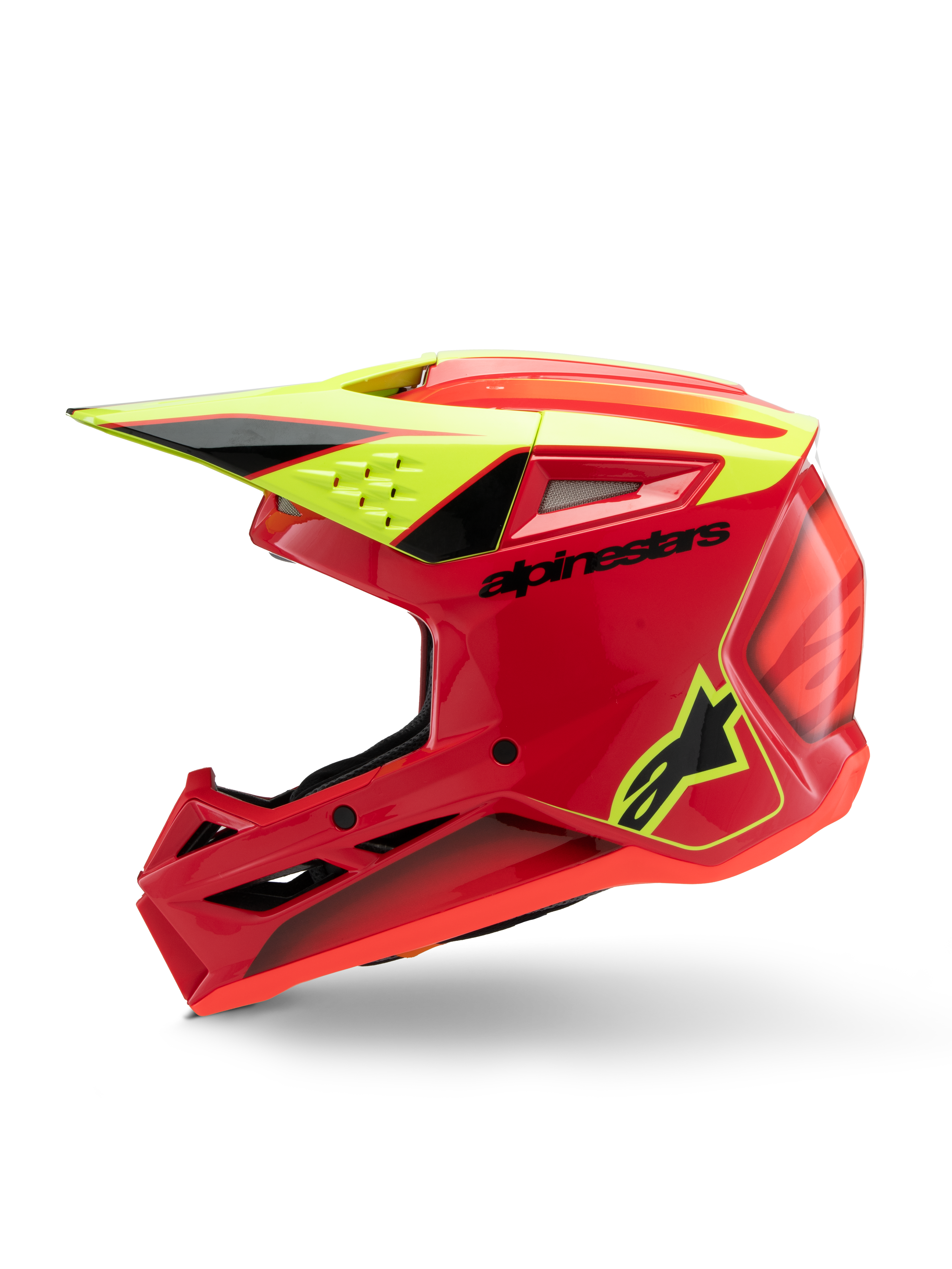 Alpinestars S-M3 Youth Fray Helm, Motocross-Helm, Rot, Gelb Fluo und Schwarz Glänzend, Profilansicht mit aerodynamischem Visier, Belüftungsöffnungen und markantem Branding, Jugend-Offroad-Schutzausrüstung