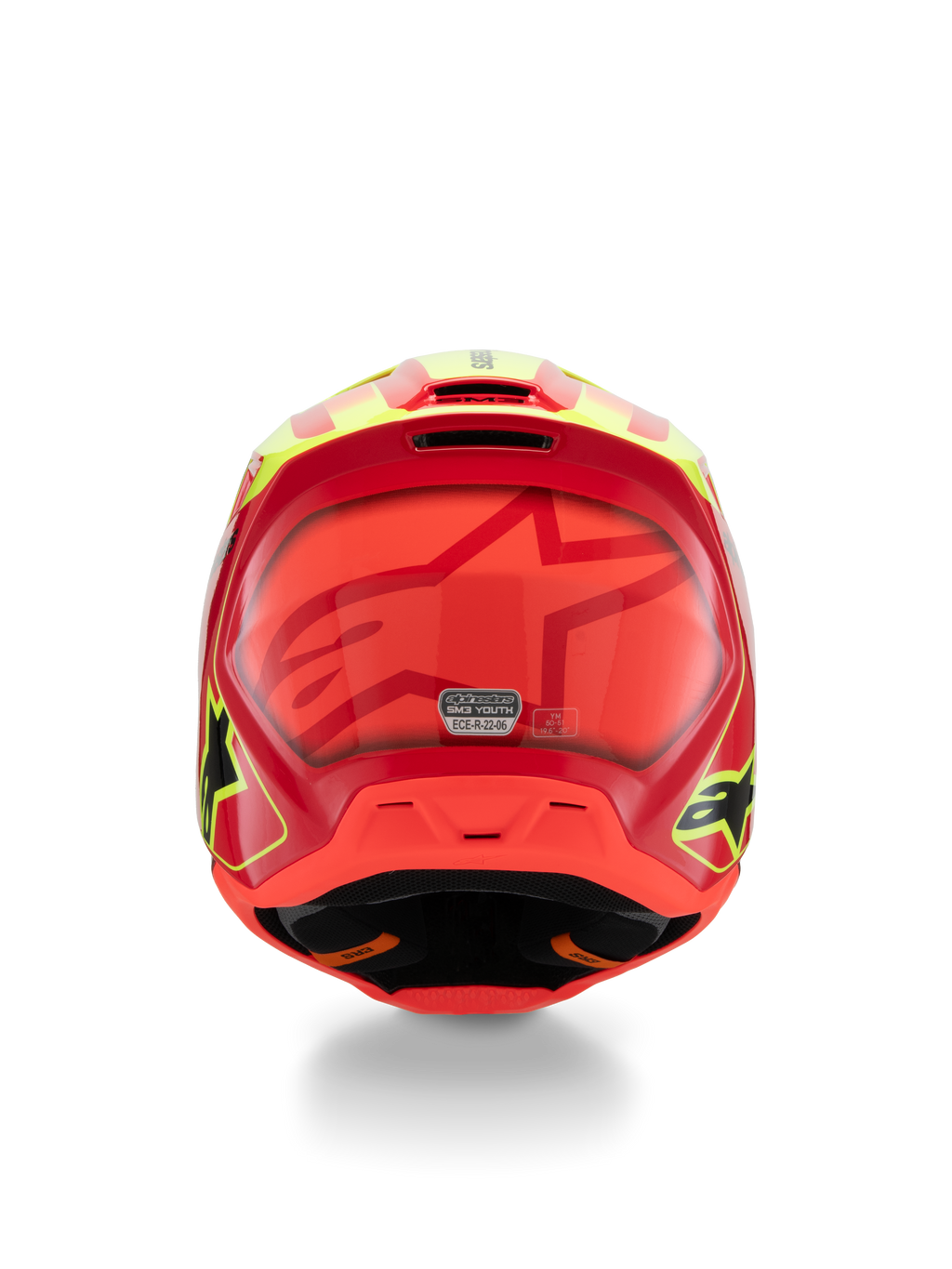 Alpinestars S-M3 Youth Fray Helm, Motocross-Helm, Rot, Gelb Fluo und Schwarz glänzend, Rückansicht mit großem Ton-in-Ton Stern-Logo, ECE 22.06 Zertifizierungsaufkleber und aerodynamischem Schalendesign mit seitlichen Logos.
