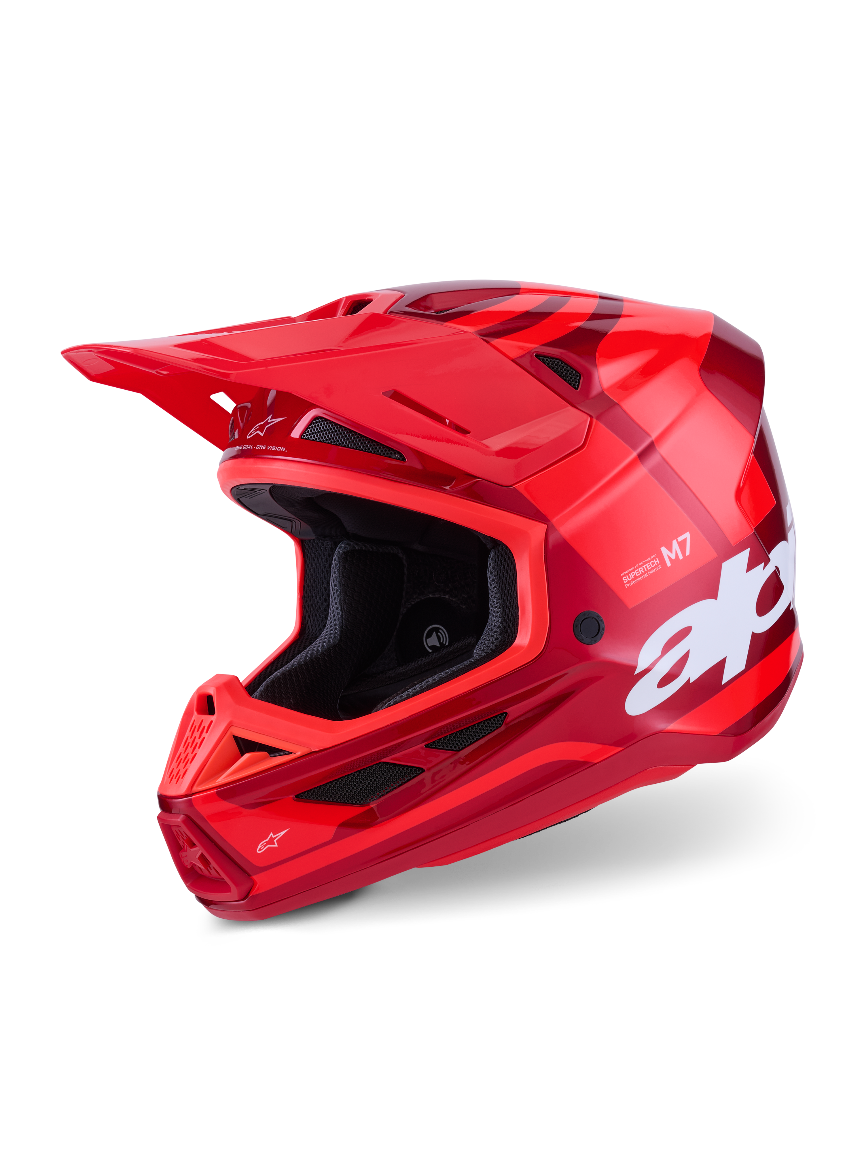 Alpinestars S-M7 Core Helm, Motocross-Helm, Rot Glänzend, mehrfarbige rote Grafiken mit großem weißem Branding, aerodynamische Verbundschale mit mehreren Belüftungsöffnungen und verstellbarem Visier, professionelle Offroad-Rennausrüstung