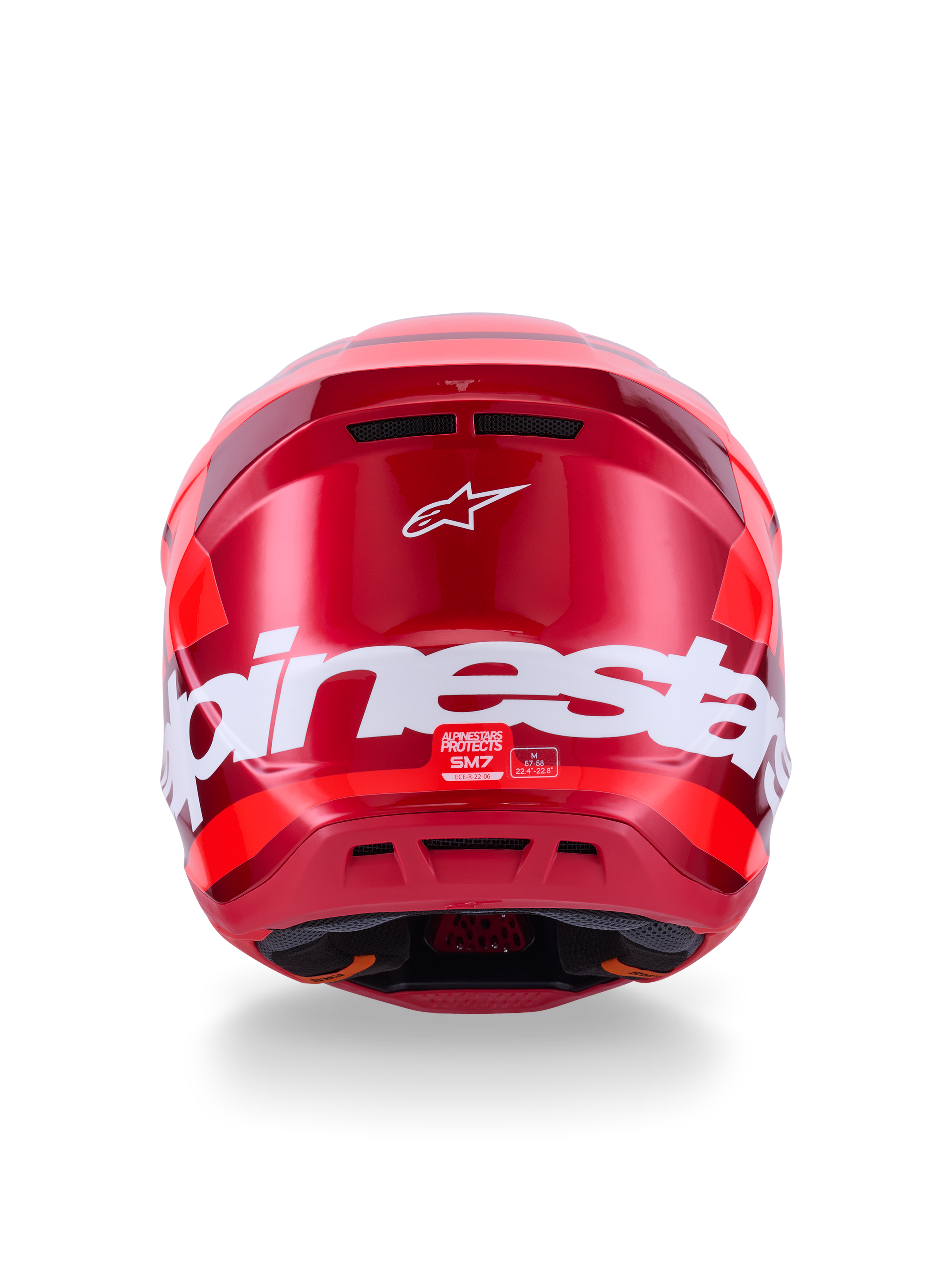 Alpinestars S-M7 Core Helm, Rot Glänzend, Rückansicht mit großem weißem Alpinestars-Branding, aerodynamische Schale mit integrierten Belüftungsöffnungen, professioneller Motocross-Kopfschutz