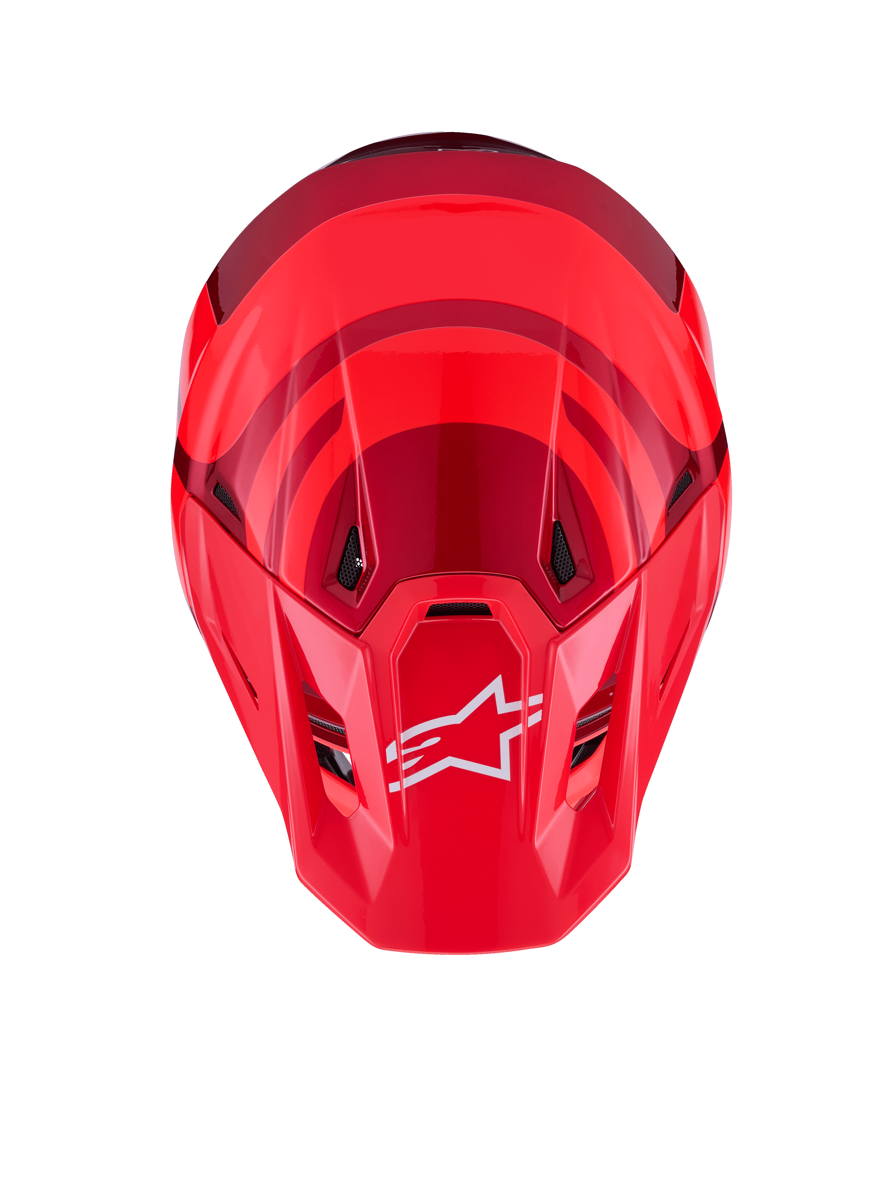 Alpinestars S-M7 Core Helm, Rot Glänzend, Draufsicht mit aerodynamischer Schale und dunkelroten Akzenten, weißes A-Star-Logo auf dem Visier, integrierte Belüftungsöffnungen, Hochleistungs-Motocross-Schutzausrüstung