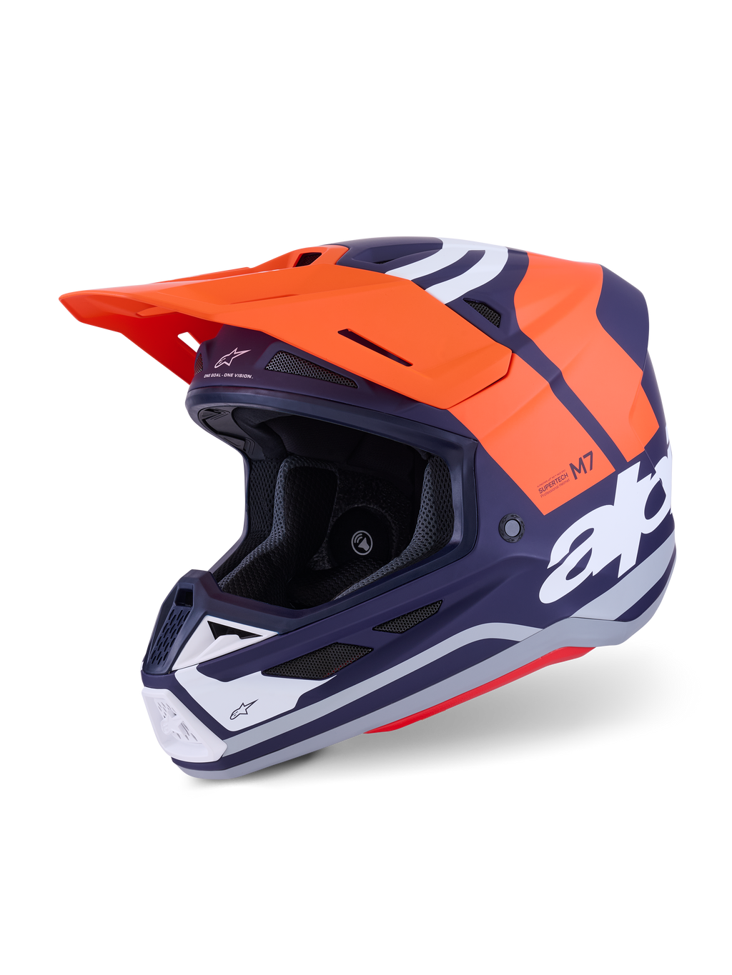 Alpinestars S-M7 Core Helm ECE 22.06, Motocross-Helm, Orange und Marineblau Matt, mit markantem weißem Branding, aerodynamischer Schale mit integrierter Belüftung, orangem Visier und professioneller Konstruktion für den Offroad-Rennsport.