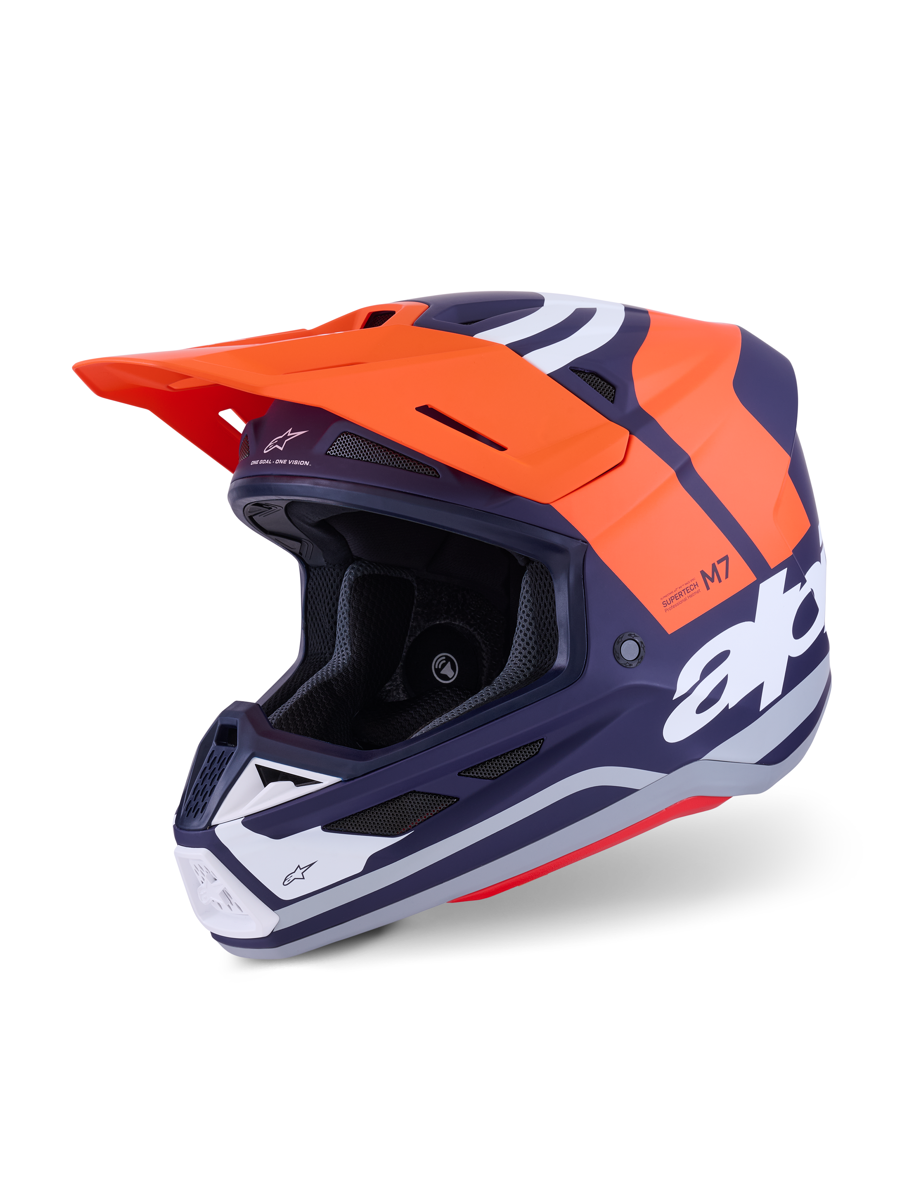 Alpinestars S-M7 Core Helm ECE 22.06, Motocross-Helm, Orange und Marineblau Matt, mit markantem weißem Branding, aerodynamischer Schale mit integrierter Belüftung, orangem Visier und professioneller Konstruktion für den Offroad-Rennsport.