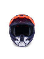 Alpinestars S-M7 Core Helm, Motocross-Helm, Orange und Blau Matt, Frontalansicht mit weißen Akzenten am Kinnschutz, mit „One Goal – One Vision“-Branding, aerodynamische Schale für Offroad-Rennsport