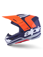 Alpinestars S-M7 Core Helm ECE 22.06, Seitenprofil, mattes Finish in Navyblau und Orange, großes weißes Branding an der Seite, aerodynamischer Motocross-Helm mit Schutzvisier