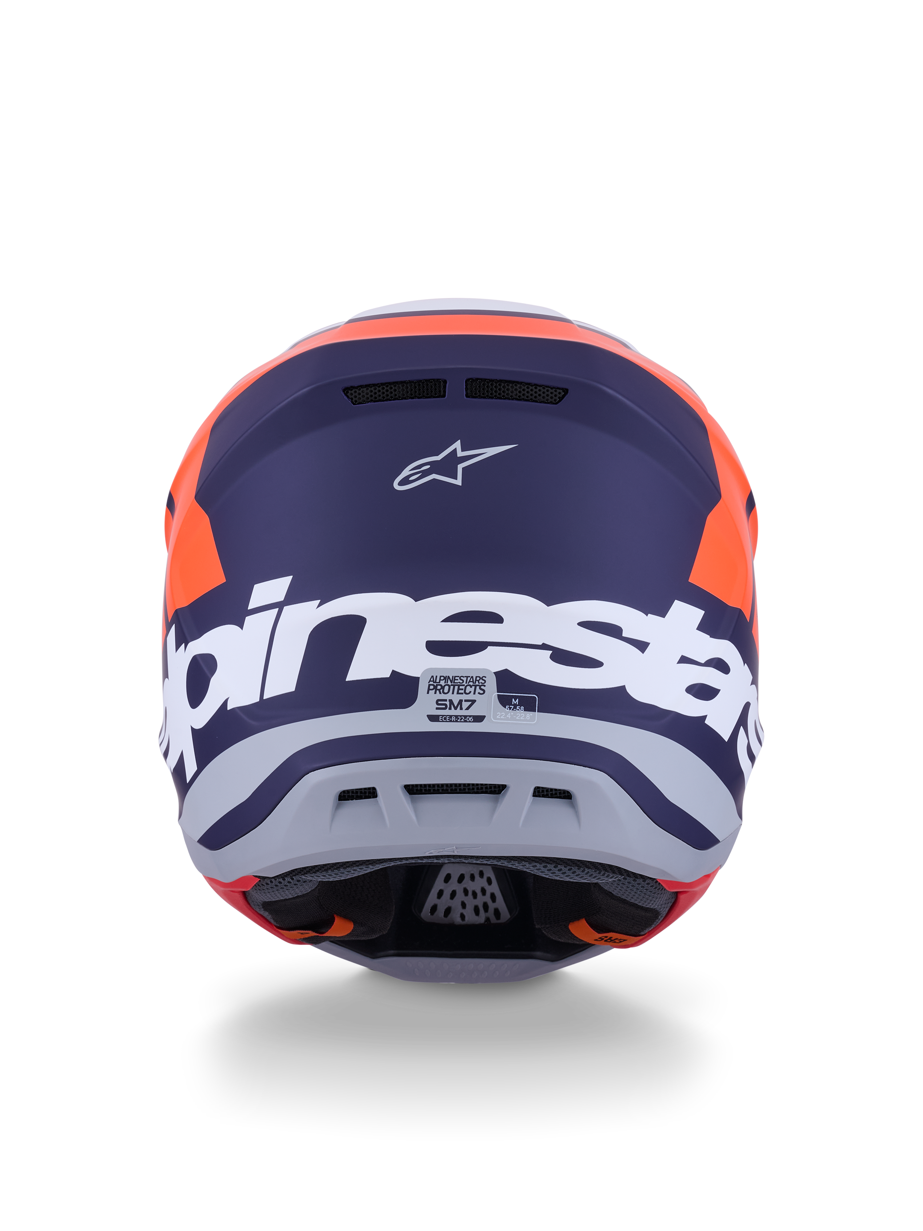 Alpinestars S-M7 Core Helm ECE 22.06, Motocross-Helm, Orange und Blau Matt, Rückansicht mit großem weißem Alpinestars-Schriftzug und Astars-Logo, schlankes aerodynamisches Design mit integrierten Belüftungsöffnungen, professioneller Offroad-Schutz