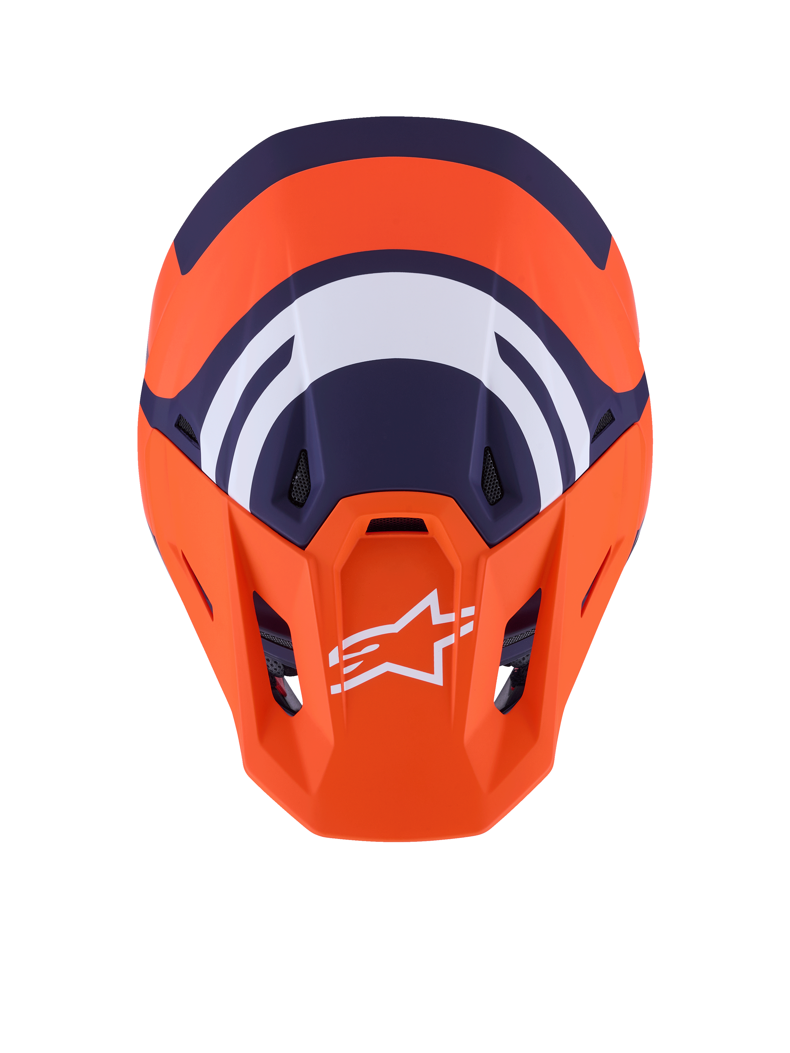 Alpinestars S-M7 Core Helm ECE 22.06, Motocross-Helm, Orange und Blau Matt, Draufsicht mit dunkelblauen und weißen geometrischen Grafiken, weißes Alpinestars-Logo auf orangefarbenem Visier, aerodynamisches Schalendesign für den Offroad-Rennsport