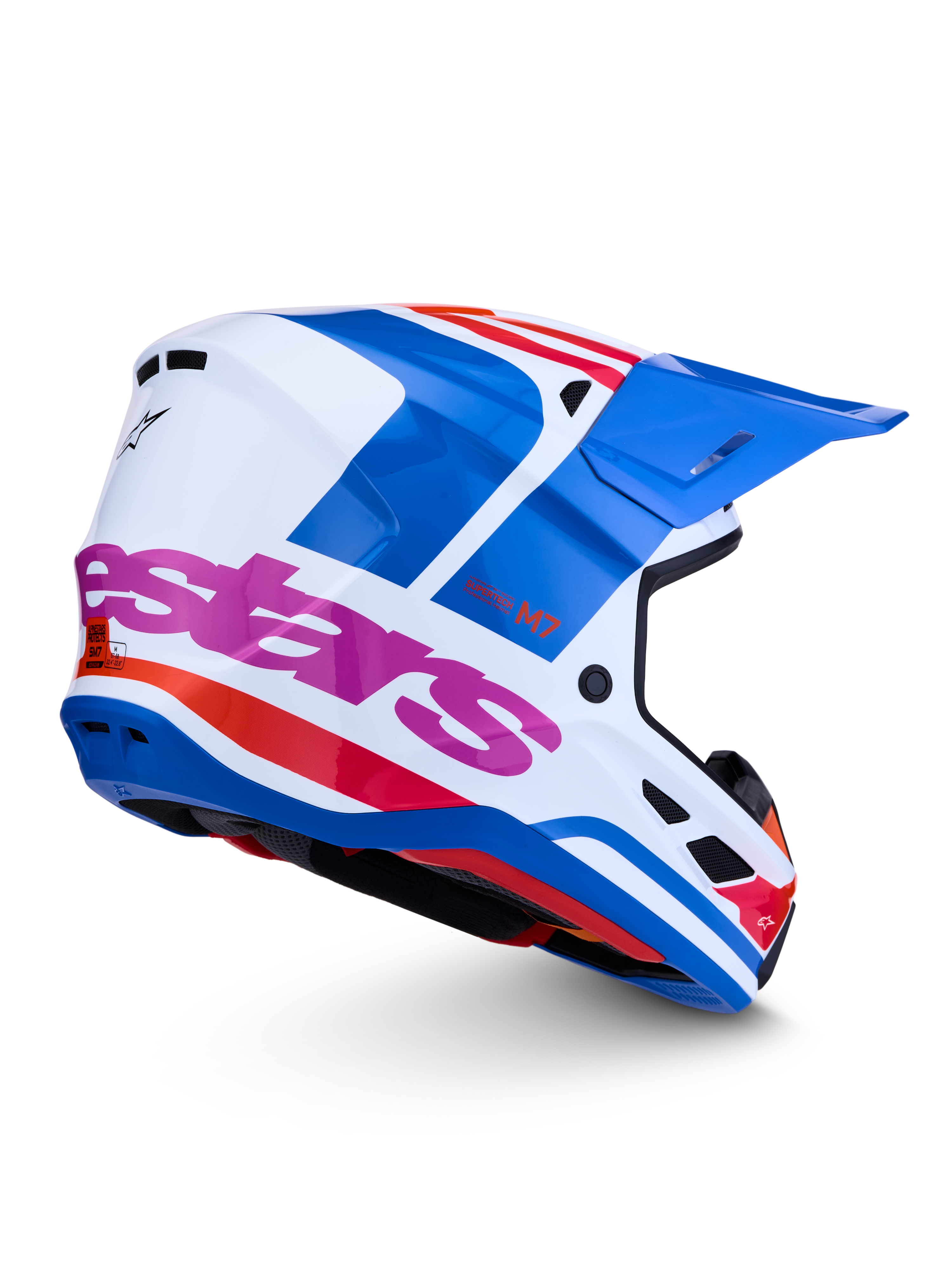 Alpinestars S-M7 Core Helm ECE06, Motocross-Helm für Offroad-Einsätze, Weiß und Blau mit pinken und orangen Details, aerodynamische Konstruktion, ECE 22.06 zertifiziert.