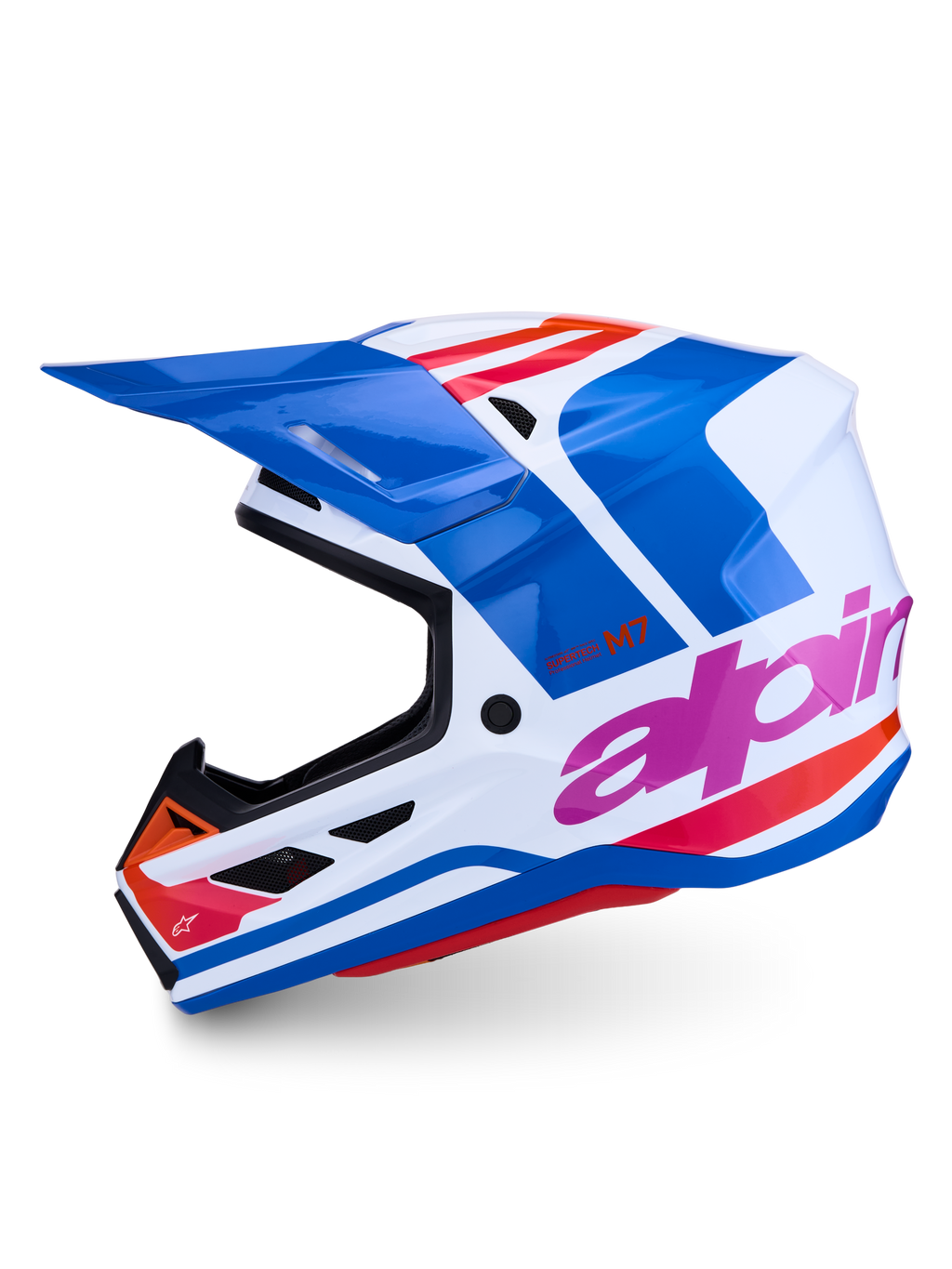 Alpinestars S-M7 Core Helm ECE06, professioneller Motocross-Helm in glänzendem Blau und Weiß mit pinken und orangefarbenen Akzenten.