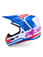 Alpinestars S-M7 Core Helm ECE06, professioneller Motocross-Helm in glänzendem Blau und Weiß mit pinken und orangefarbenen Akzenten.