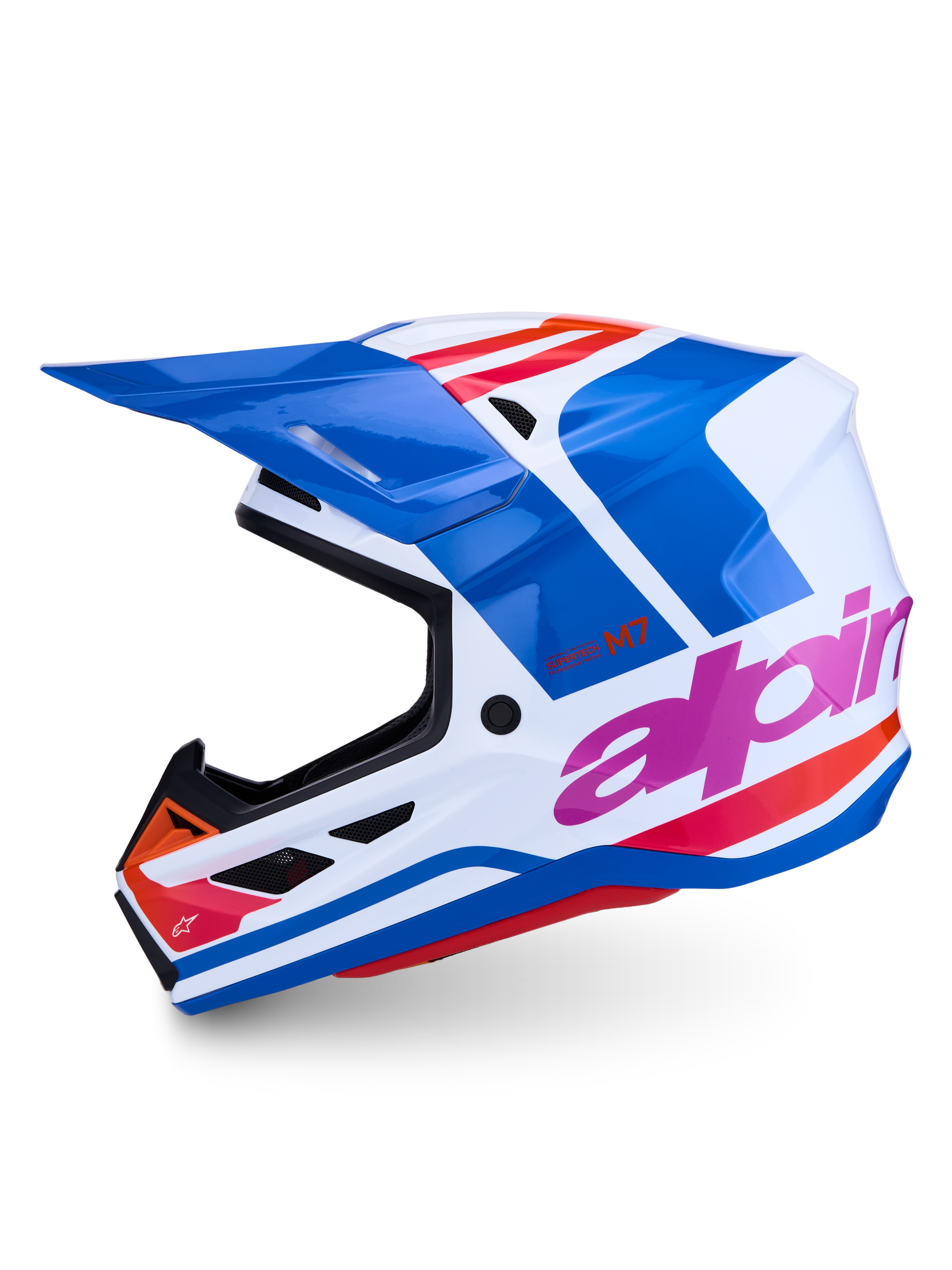 Alpinestars S-M7 Core Helm ECE06, professioneller Motocross-Helm in glänzendem Blau und Weiß mit pinken und orangefarbenen Akzenten.