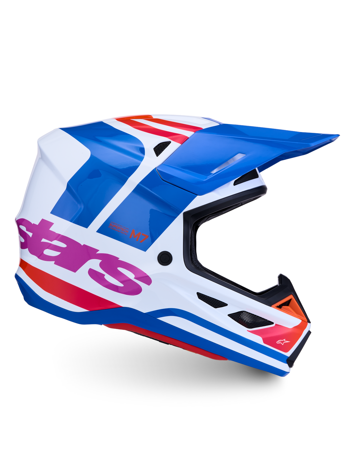 Alpinestars S-M7 Core Helm, Motocross-Helm, Blau und Weiß mit pinken Akzenten, glänzendes Finish, ECE 22.06-zertifiziert.