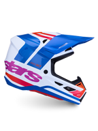 Alpinestars S-M7 Core Helm, Motocross-Helm, Blau und Weiß mit pinken Akzenten, glänzendes Finish, ECE 22.06-zertifiziert.