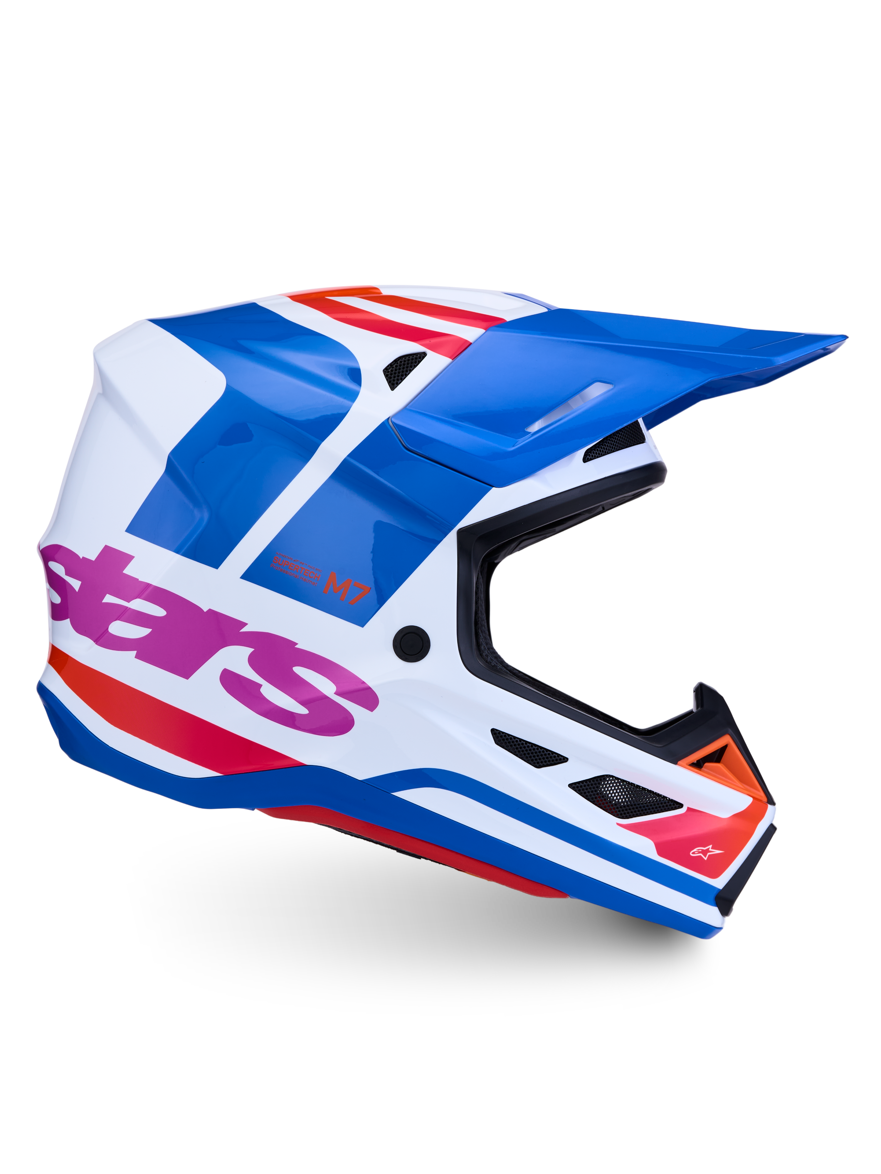 Alpinestars S-M7 Core Helm, Motocross-Helm, Blau und Weiß mit pinken Akzenten, glänzendes Finish, ECE 22.06-zertifiziert.