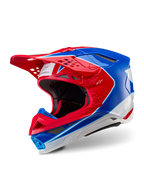 Alpinestars Supertech M10 Aeon Helm, Motocross-Helm, Hellrot-Blau Glänzend, Dreiviertelansicht mit aerodynamischer Schale und mehreren Belüftungsöffnungen, weiße und rote grafische Akzente, Alpinestars-Logo auf Visier und Seite, professionelle Offroad-Rennausrüstung