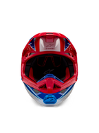 Alpinestars Supertech M10 Aeon ECE 22.06 Helm, Motocross-Helm, Hellrot Blau Glänzend, Vorderansicht mit aerodynamischer Schale, belüftetem Kinnbügel und roter Innenpolsterung, auffälliges glänzendes Finish für den Offroad-Rennsport