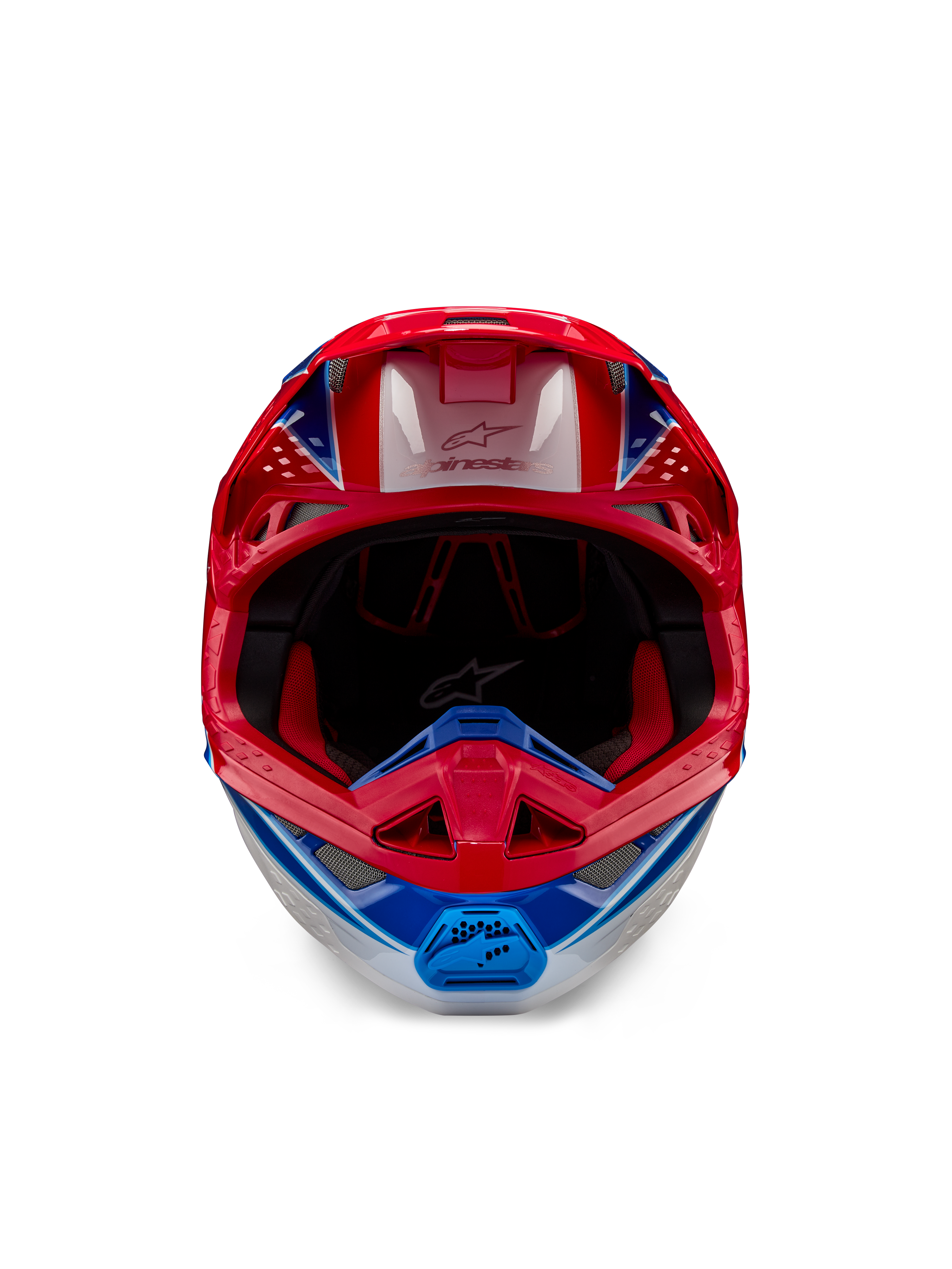 Alpinestars Supertech M10 Aeon ECE 22.06 Helm, Motocross-Helm, Hellrot Blau Glänzend, Vorderansicht mit aerodynamischer Schale, belüftetem Kinnbügel und roter Innenpolsterung, auffälliges glänzendes Finish für den Offroad-Rennsport