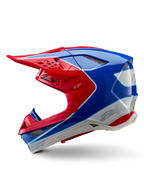 Alpinestars Supertech M10 Aeon ECE 22.06 Helm, Motocross-Helm, Hellrot Blau Glänzend, Seitenprofilansicht, aerodynamische Multi-Composite-Schale mit integrierten Belüftungsöffnungen und rot-blauem Grafikdesign, glänzendes Finish für den Offroad-Rennsport