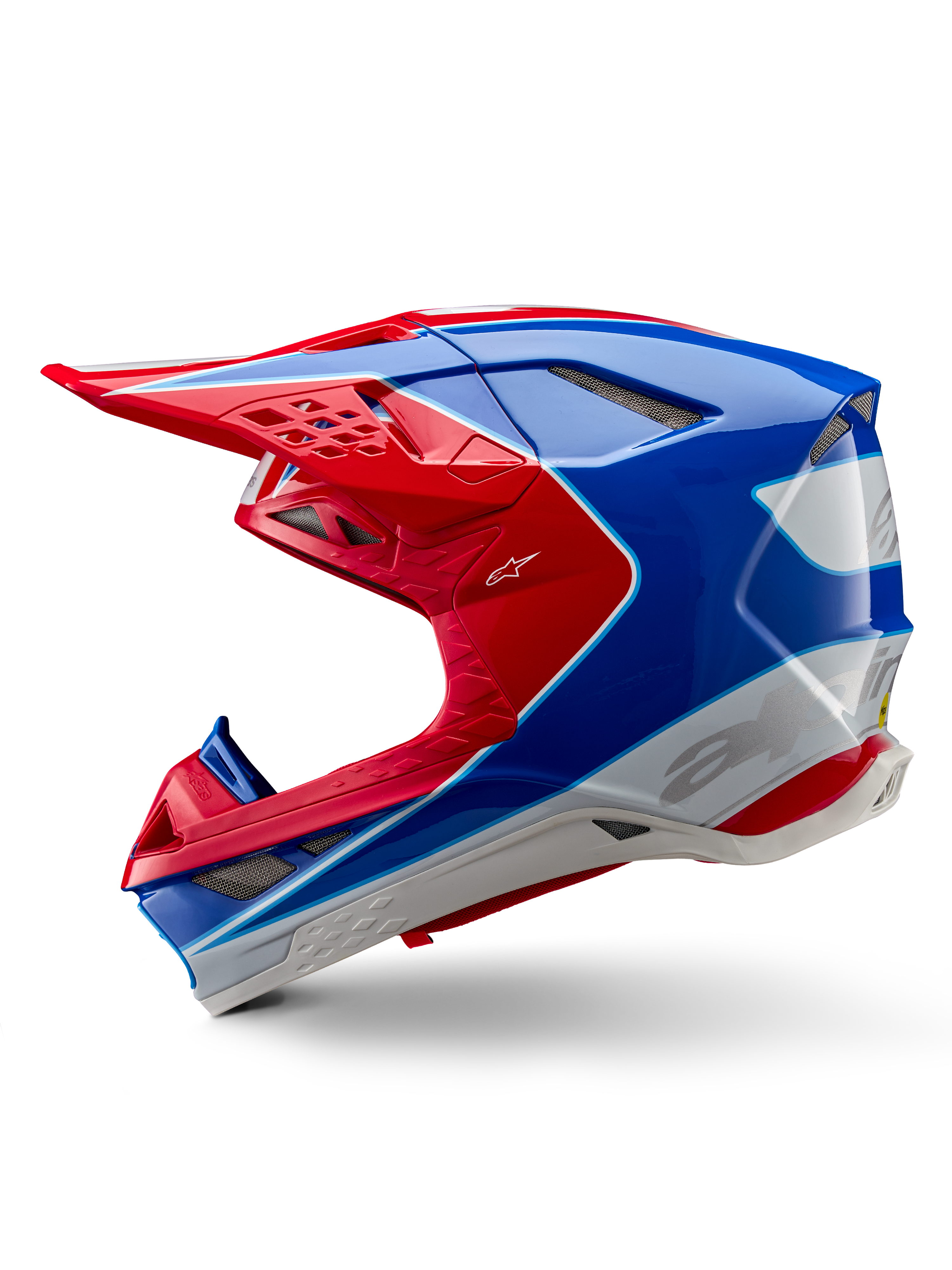 Alpinestars Supertech M10 Aeon ECE 22.06 Helm, Motocross-Helm, Hellrot Blau Glänzend, Seitenprofilansicht, aerodynamische Multi-Composite-Schale mit integrierten Belüftungsöffnungen und rot-blauem Grafikdesign, glänzendes Finish für den Offroad-Rennsport