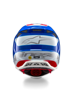 Alpinestars Supertech M10 Aeon ECE 22.06 Helm, Motocross-Helm, Rückansicht, glänzendes Finish in leuchtendem Rot und Blau, großes silbernes Alpinestars-Logo, mehrere Belüftungsöffnungen, MIPS- und ECE-Sicherheitsaufkleber, professioneller Rennschutz