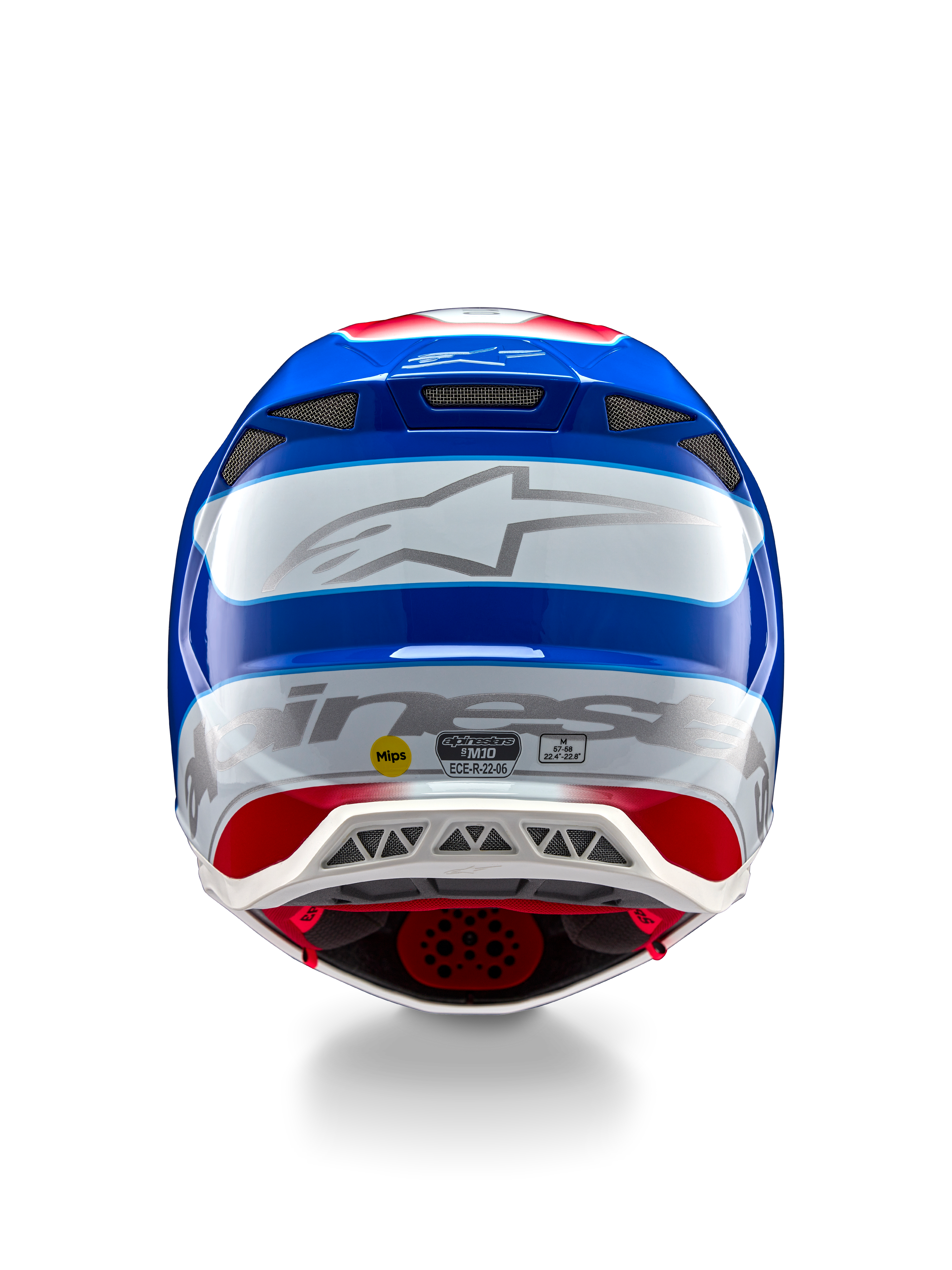 Alpinestars Supertech M10 Aeon ECE 22.06 Helm, Motocross-Helm, Rückansicht, glänzendes Finish in leuchtendem Rot und Blau, großes silbernes Alpinestars-Logo, mehrere Belüftungsöffnungen, MIPS- und ECE-Sicherheitsaufkleber, professioneller Rennschutz