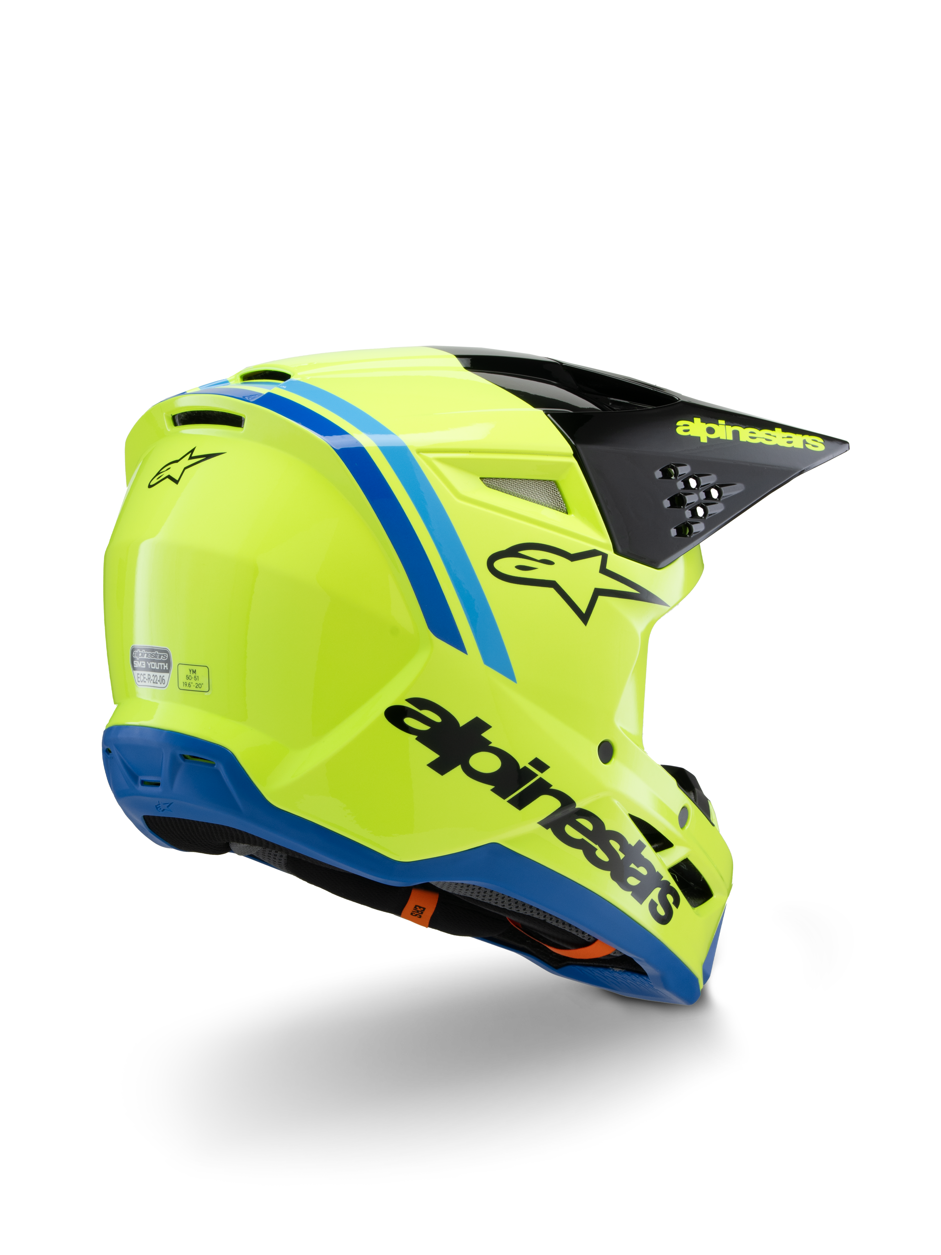 Alpinestars S-M3 Youth Radium Helmet ECE 22.06, Motocross Helmet, Yellow Fluo with Black and Blue accents, rear three-quarter view showing black visor with yellow branding and blue base trim