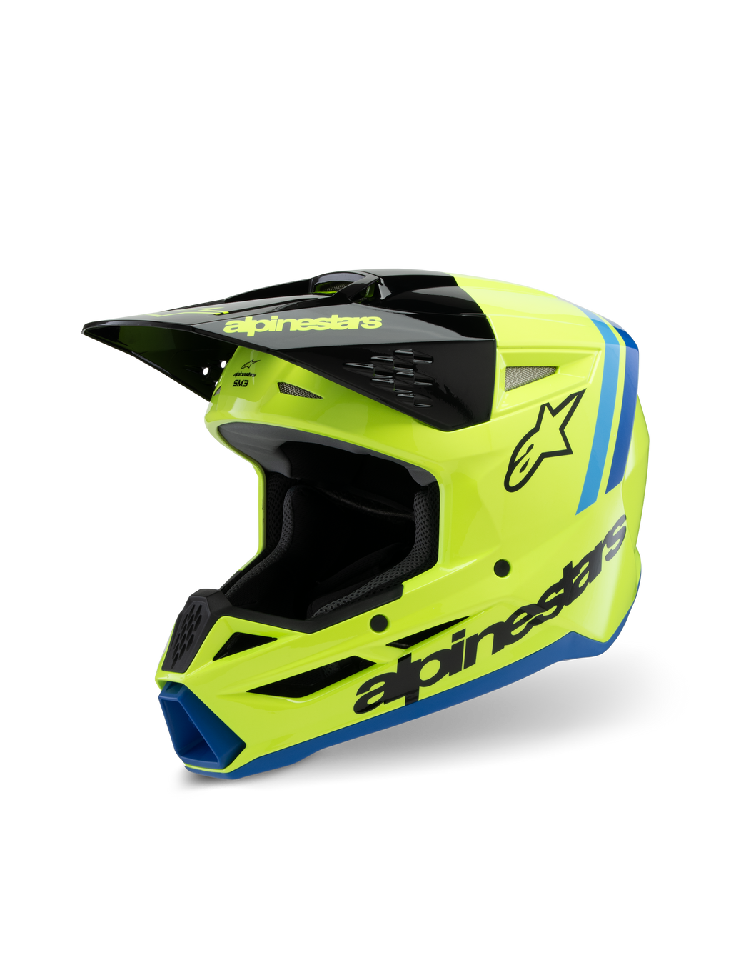Alpinestars S-M3 Youth Radium Helmet, Motocross Helmet, Yellow Fluo Black and Blue, featuring a black visor, bold Alpinestars logo on the side, blue accents on the trim, high-performance protective gear for youth riders