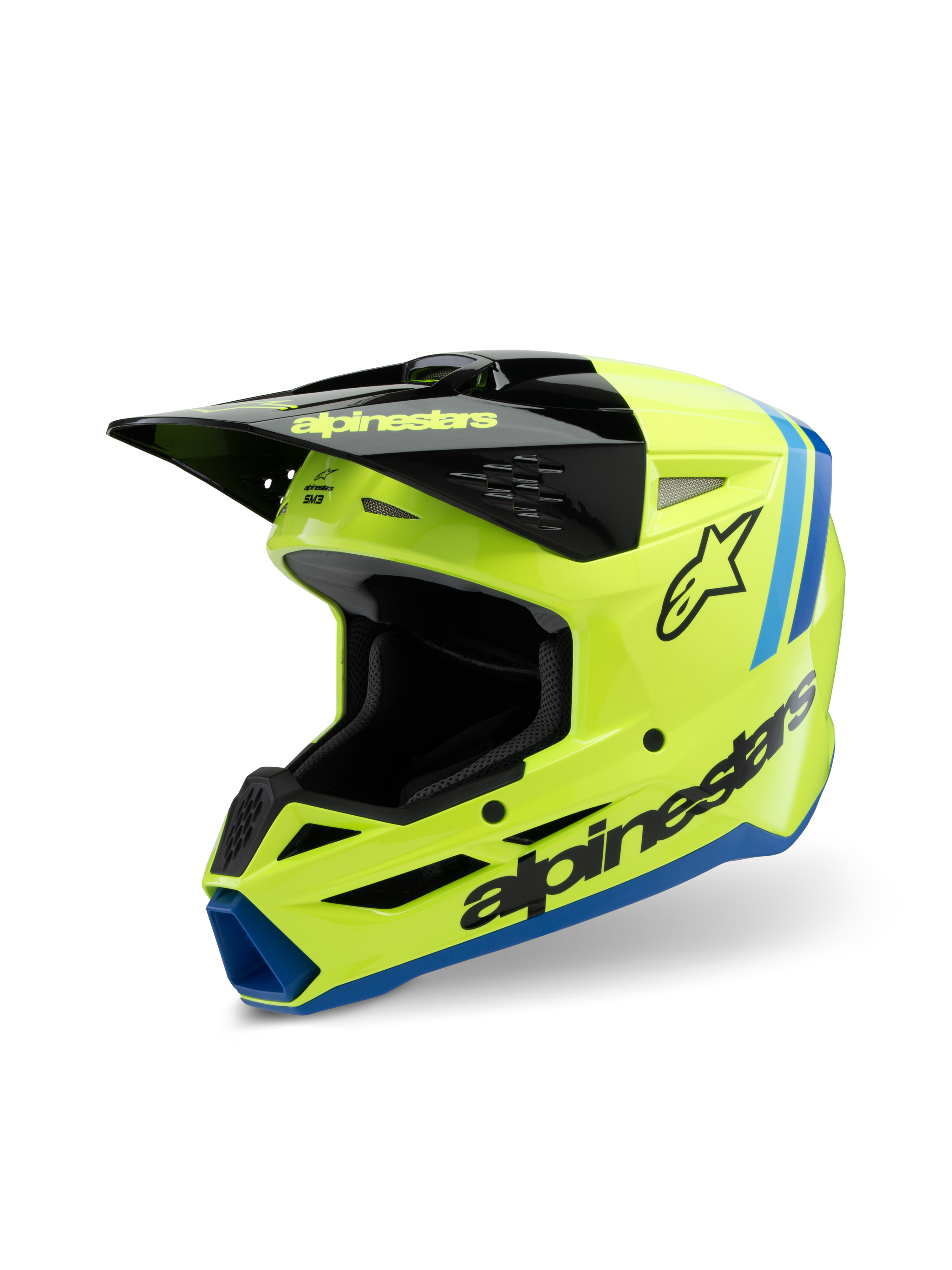 Alpinestars S-M3 Youth Radium Helmet, Motocross Helmet, Yellow Fluo Black and Blue, featuring a black visor, bold Alpinestars logo on the side, blue accents on the trim, high-performance protective gear for youth riders