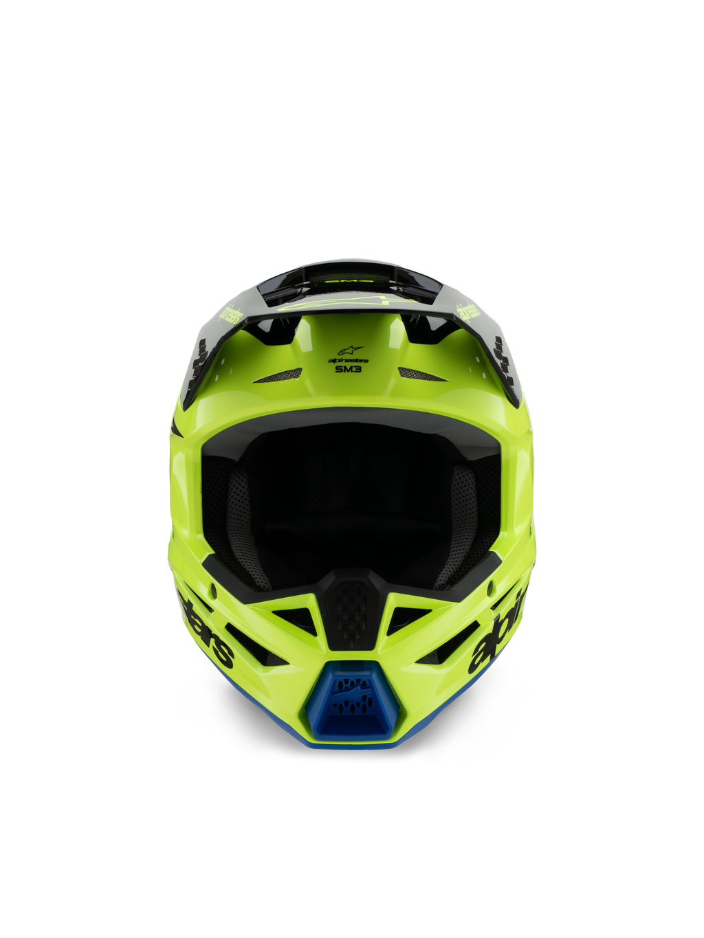 Alpinestars S-M3 Youth Radium Helmet, Motocross Helmet, Yellow Fluo Black and Blue, front view showing black visor and blue chin vent, bold Alpinestars branding, sleek aerodynamic profile for youth off-road racing