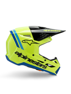 Alpinestars S-M3 Youth Radium Helmet, Motocross Youth Helmet, Bright Fluo Yellow with Black and Blue accents, side view showcasing aerodynamic design, black peak with yellow logo, bold black branding on the side, ECE 22.06 certified protection for off-road racing