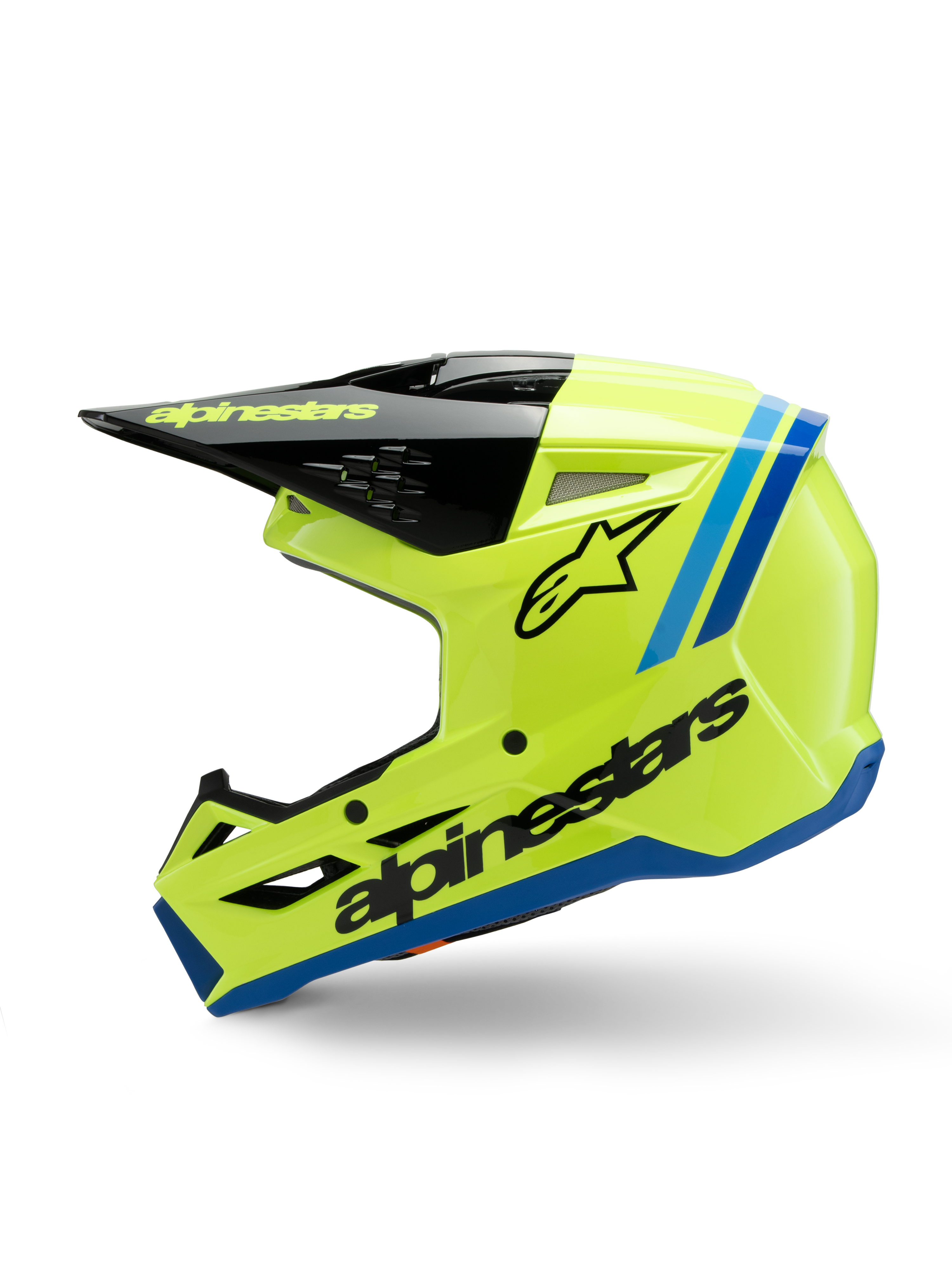 Alpinestars S-M3 Youth Radium Helmet, Motocross Helmet, Bright Fluorescent Yellow with Blue and Black accents, featuring bold Alpinestars branding, sleek aerodynamic profile for youth off-road racing