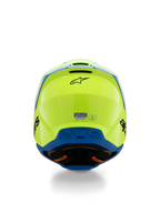 Alpinestars S-M3 Youth Radium Helmet ECE 22.06, Motocross Helmet, Yellow Fluo and Blue, rear view featuring black Alpinestars logo and ECE certification sticker, aerodynamic shell design for youth off-road racing