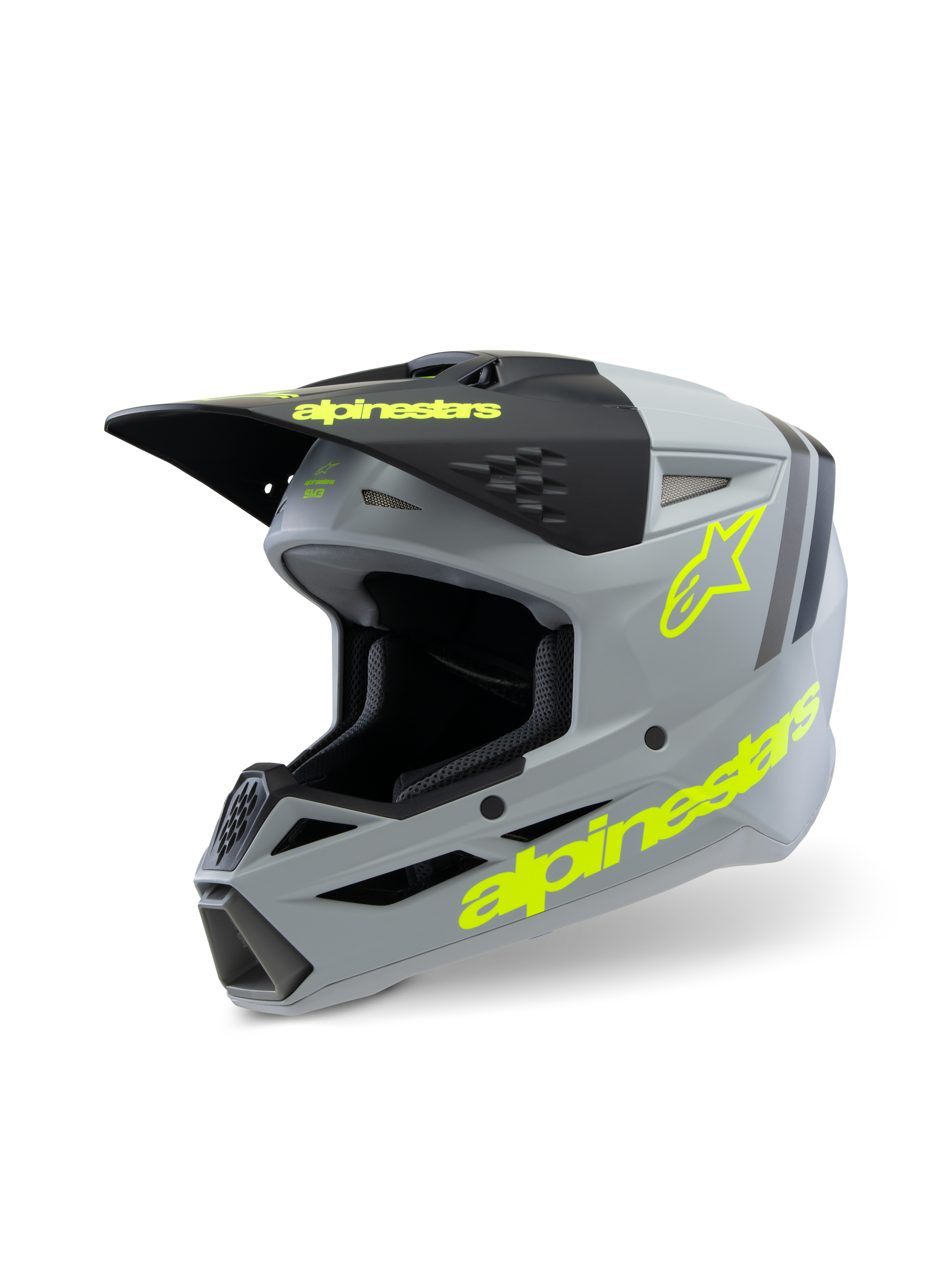Alpinestars S-M3 Youth Radium Helmet ECE 22.06, Motocross Helmet, Matte Gray and Black with Fluorescent Yellow accents, featuring bold Alpinestars branding and star logo, youth off-road protective gear