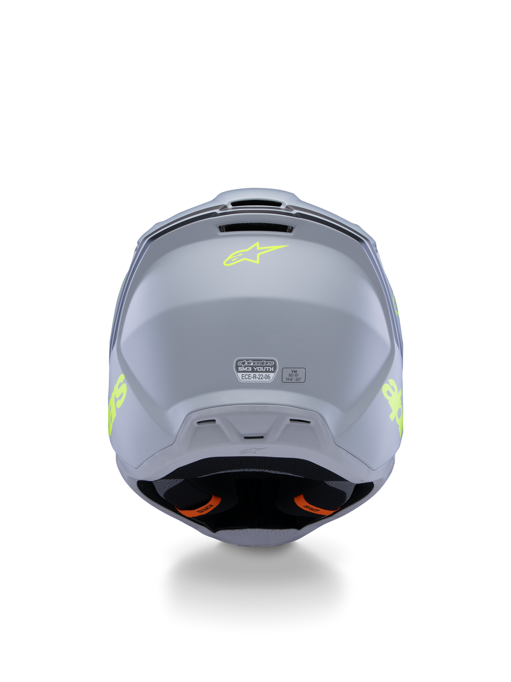 Alpinestars S-M3 Youth Radium Helmet ECE 22.06, Gray Black and Yellow Fluo Matte, rear view showing ventilation ports and certification labels, fluorescent yellow star logo, aerodynamic shell design for motocross and off-road racing