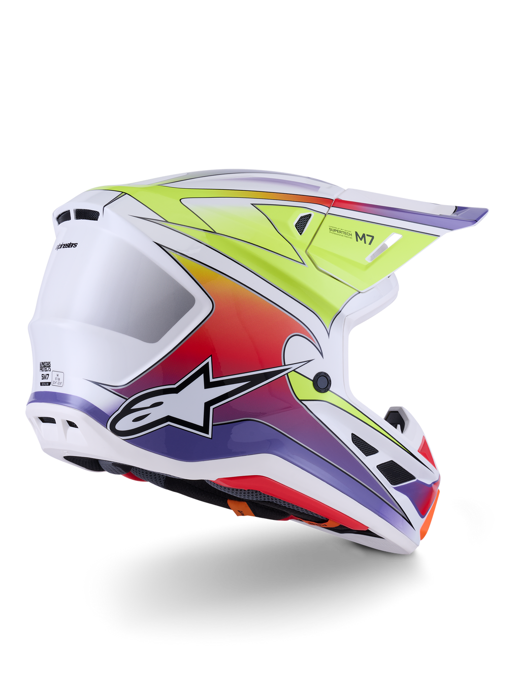 Alpinestars S-M7 Fuse Helm, Motocross-Helm, Weiß, Gelb Fluo und Lila glänzend, lebendige mehrfarbige Farbverlaufsgrafiken mit markantem schwarz-weißem Stern-Logo, aerodynamische Verbundschale mit integrierten Belüftungsöffnungen, entwickelt für den Offroad-Rennsport