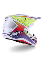 Alpinestars S-M7 Fuse Helm, Motocross-Helm, Weiß, Gelb Fluo und Lila glänzend, lebendige mehrfarbige Farbverlaufsgrafiken mit markantem schwarz-weißem Stern-Logo, aerodynamische Verbundschale mit integrierten Belüftungsöffnungen, entwickelt für den Offroad-Rennsport