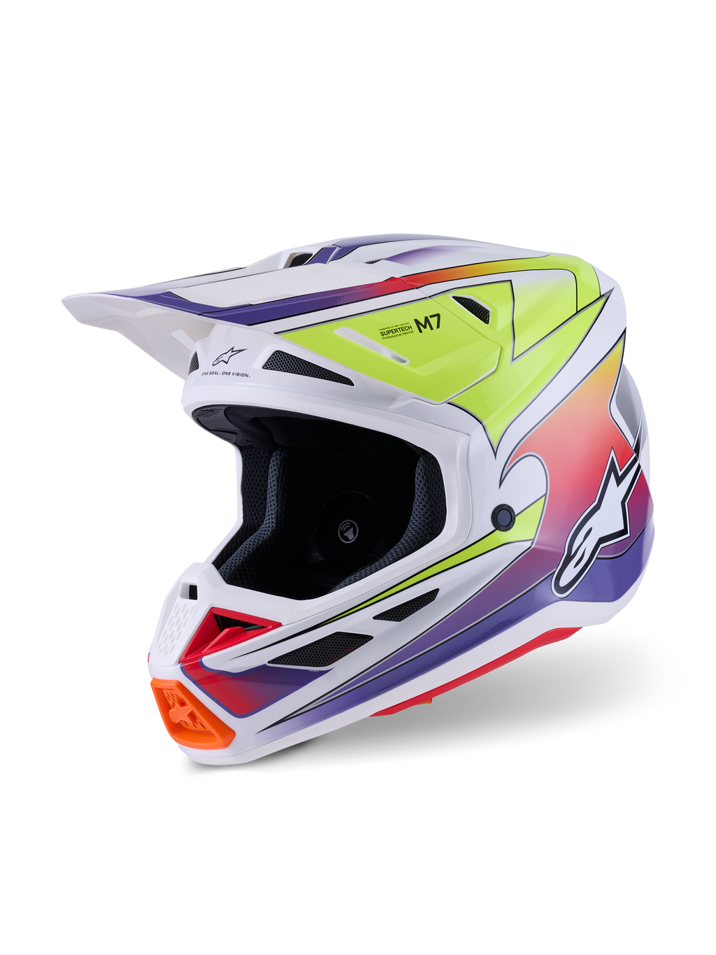 Alpinestars S-M7 Fuse Helm, Motocross-Helm, Weiß mit gelben fluoreszierenden und lila Farbverlauf-Grafiken, aerodynamische Verbundschale, integriertes Visier, mehrere Belüftungsöffnungen, Hochleistungs-Renndesign für den Offroad-Einsatz