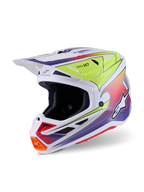 Alpinestars S-M7 Fuse Helm, Motocross-Helm, Weiß mit gelben fluoreszierenden und lila Farbverlauf-Grafiken, aerodynamische Verbundschale, integriertes Visier, mehrere Belüftungsöffnungen, Hochleistungs-Renndesign für den Offroad-Einsatz
