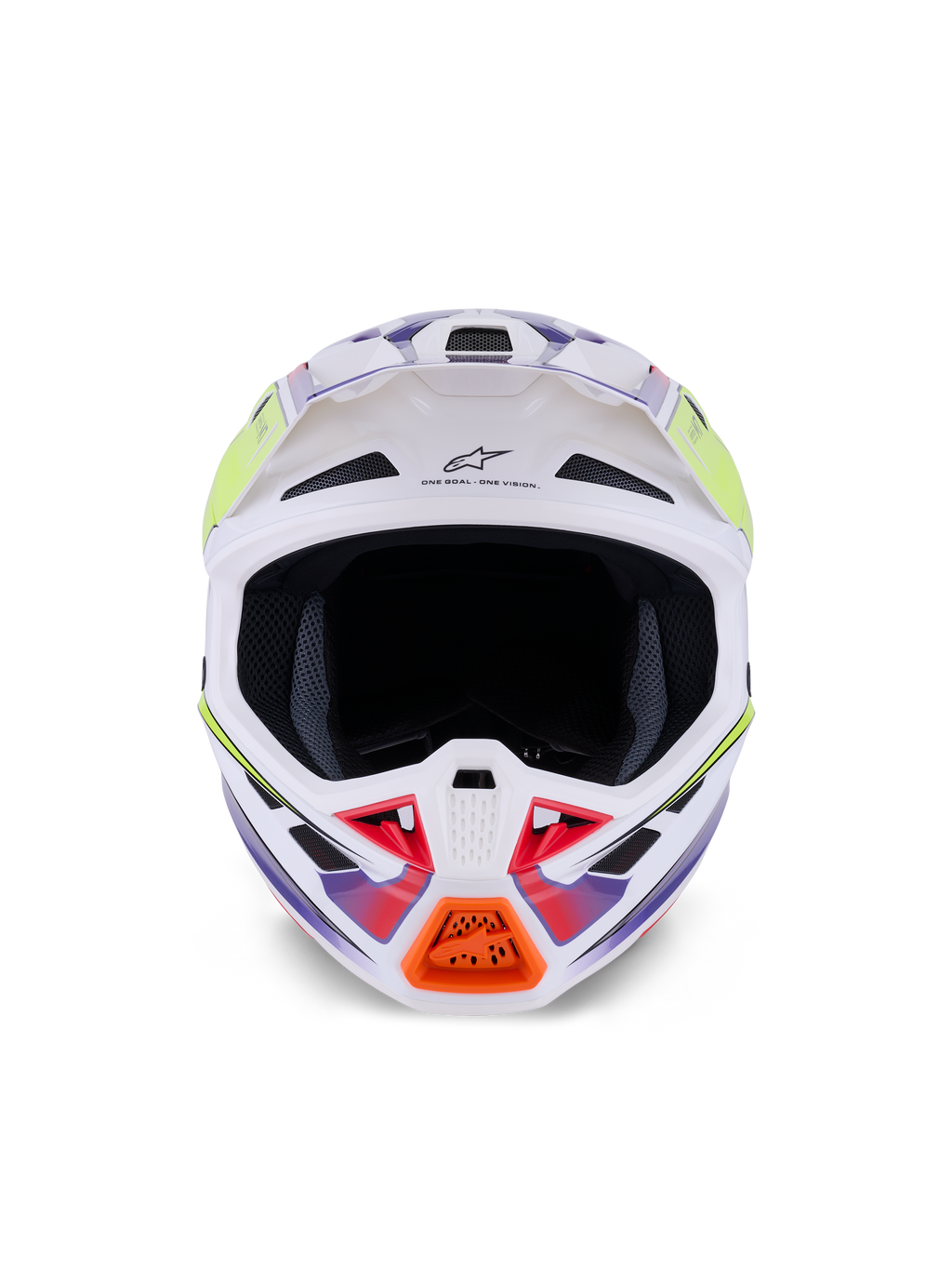 Alpinestars S-M7 Fuse Helm, Motocross-Helm, Weiß, Gelb Fluo und Lila glänzend, Vorderansicht mit mehreren Lufteinlässen, aerodynamischer Verbundschale und orangefarbenem Kinnschutz-Detail.