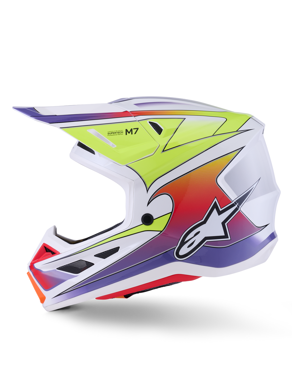 Alpinestars S-M7 Fuse Helm, Motocross-Helm, Weiß, Fluorgelb und Lila glänzend, Seitenansicht mit aerodynamischer Schale, bunten Grafik-Farbverläufen, schwarzen Belüftungsöffnungen und weißem Alpinestars-Logo, Hochleistungs-Offroad-Rennausrüstung.