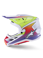 Alpinestars S-M7 Fuse Helm, Motocross-Helm, Weiß, Fluorgelb und Lila glänzend, Seitenansicht mit aerodynamischer Schale, bunten Grafik-Farbverläufen, schwarzen Belüftungsöffnungen und weißem Alpinestars-Logo, Hochleistungs-Offroad-Rennausrüstung.