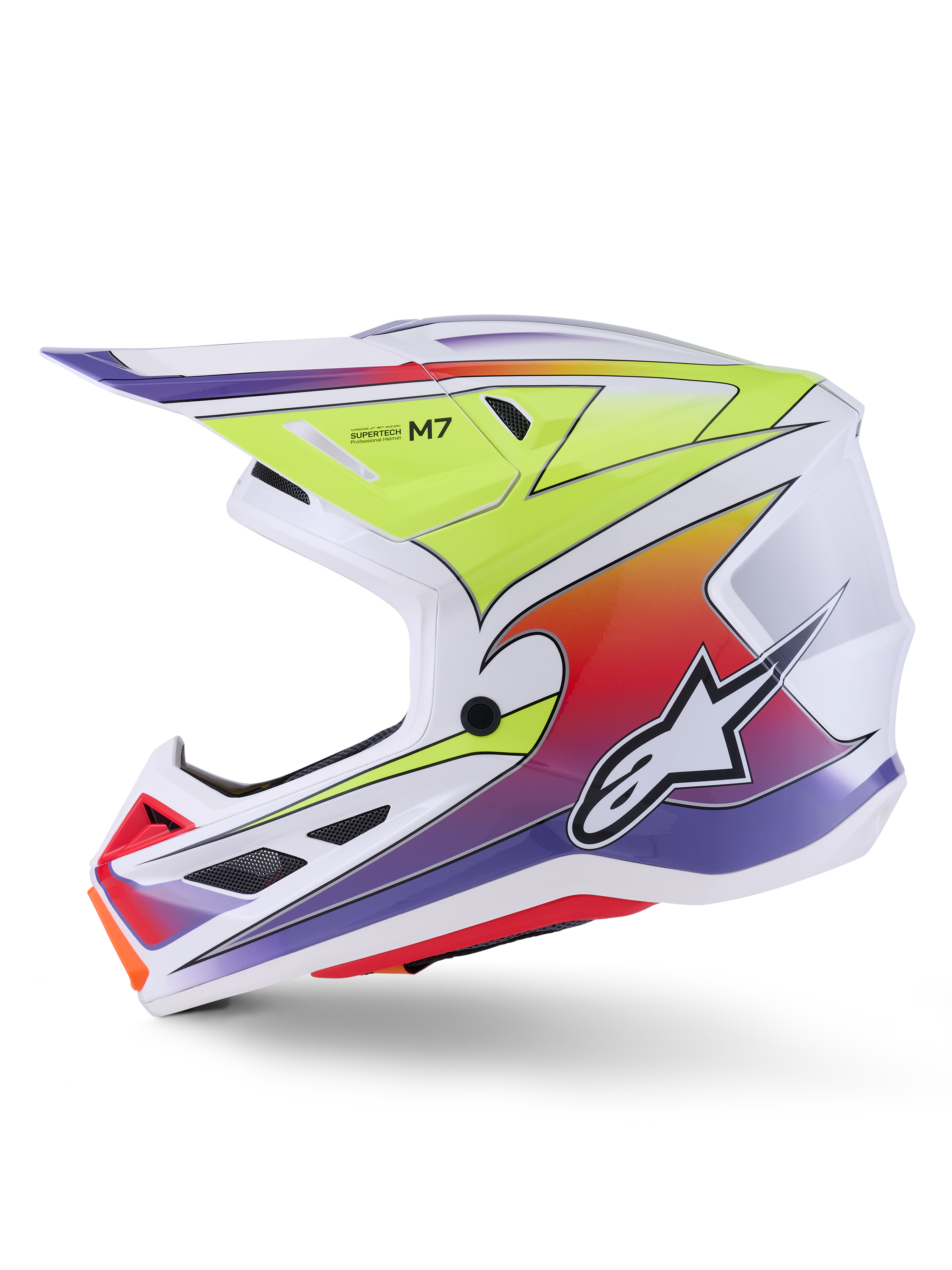 Alpinestars S-M7 Fuse Helm, Motocross-Helm, Weiß, Fluorgelb und Lila glänzend, Seitenansicht mit aerodynamischer Schale, bunten Grafik-Farbverläufen, schwarzen Belüftungsöffnungen und weißem Alpinestars-Logo, Hochleistungs-Offroad-Rennausrüstung.